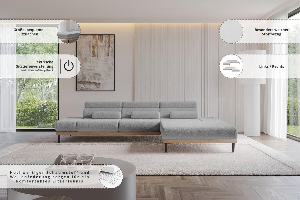 ELEKTRISCHES ECKSOFA Rechts MONA 316x205x85 Hellgrau Bouclé - Blaugrau/Hellgrau, Holzwerkstoff/Textil (316/205cm) - ALTDECOR