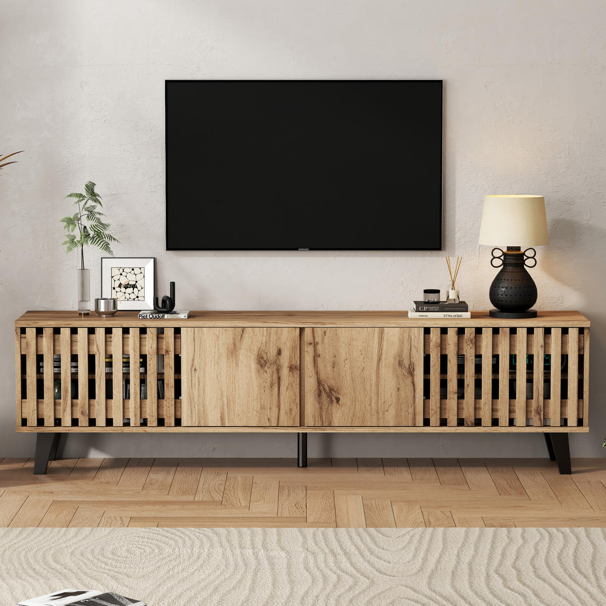 TV-LOWBOARD aus Spanplatte 180x40x55 cm Naturholz mit 8 Fächern und 4 Türen - Hellbraun, Holzwerkstoff (180/55/40cm) - IVMEU