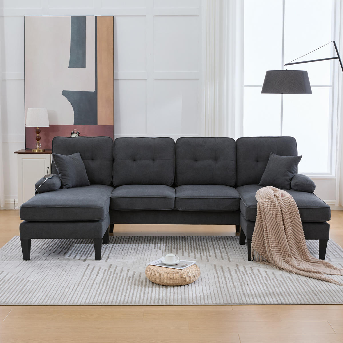 WOHNLANDSCHAFT Leinen Dunkelgrau mit USB, Type-C und Stauraum - Dunkelgrau, Textil (250/88/130cm) - WISHDOR