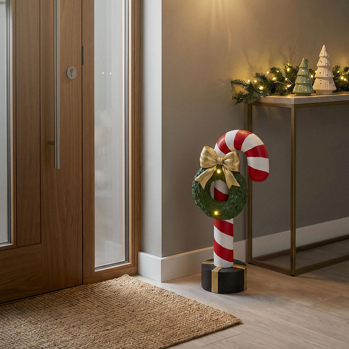 DEKORATIVNÍ FIGURKA CUKROVÉ TYČINKY s LED osvětlením, vánoční dekorace do interiéru, výška: 68 cm, s věncem 30 cm a mašlí - různobarevná, kámen (30/68/20cm) - ECD-Germany