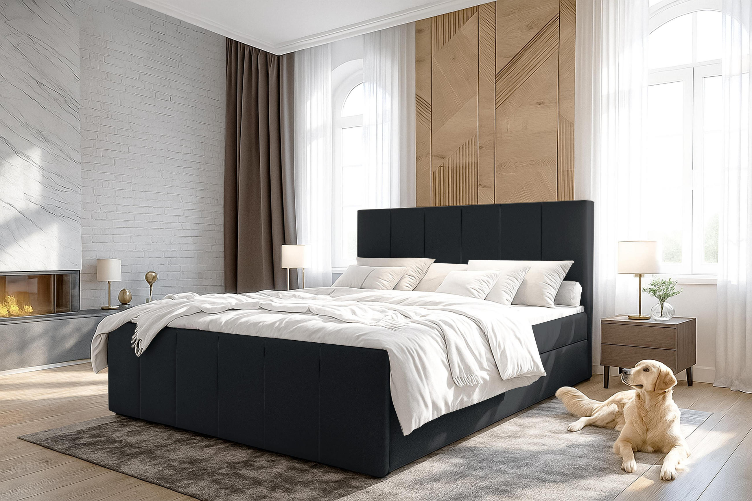 BOXBETT LEVENTE 140x200 cm mit Bettkasten und Matratze - Schwarz - Schwarz, Holz/Holzwerkstoff (140/200cm) - AX Living