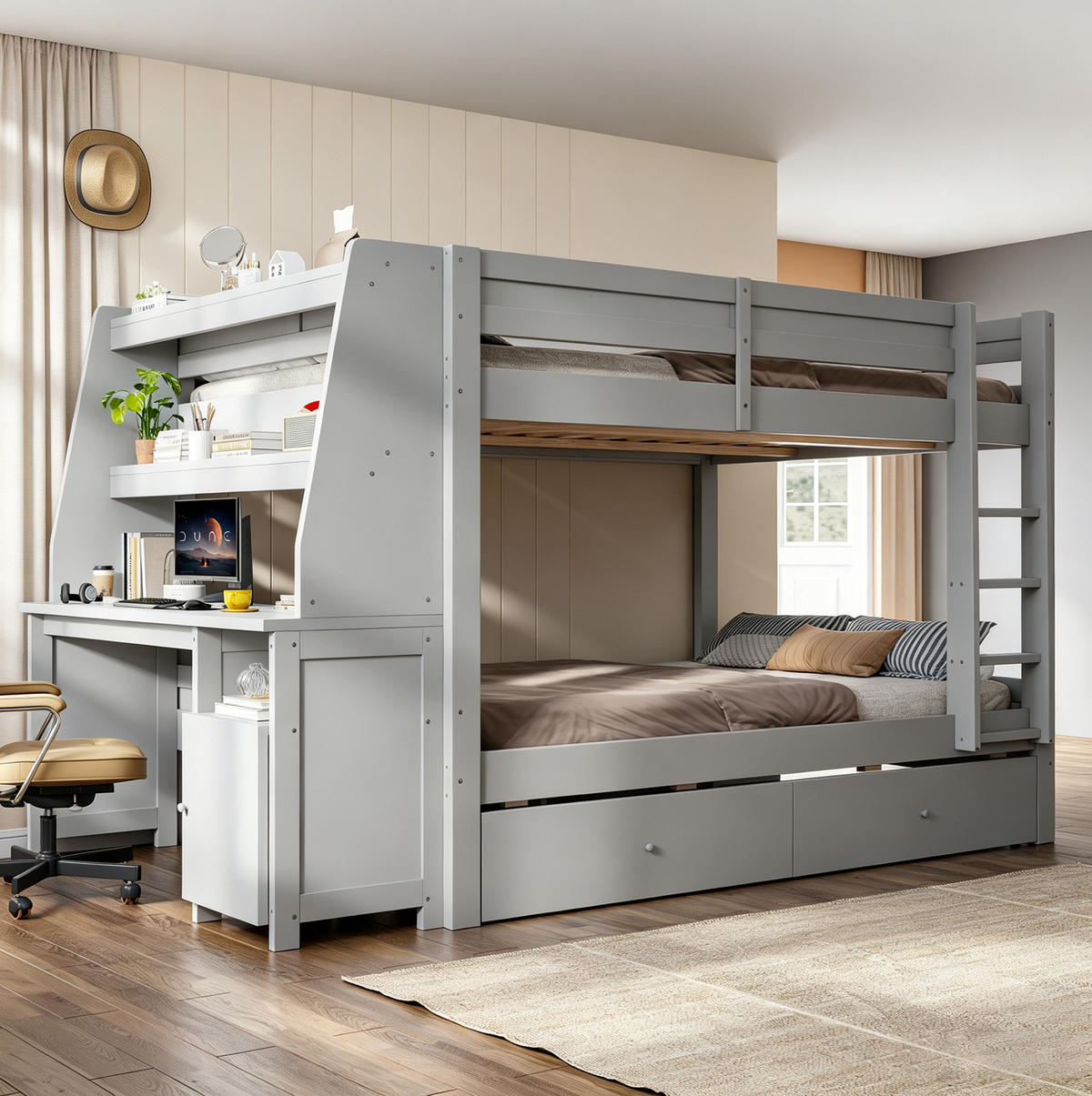 ETAGENBETT aus Holz 140x200 cm Grau mit Schreibtisch, Stauraum, Schubladen und Sicherheitsgeländer - Grau, Holz (140/200cm) - Modfu
