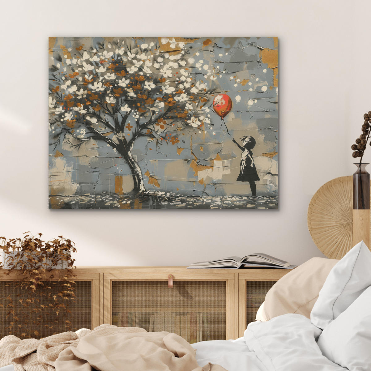 AKUSTIKPANEEL Baum - Graffiti - Banksy-Stil - Ballon-Mädchen 80x60 cm - Blaugrau, Textil (80/0.9/60cm) - MuchoWow