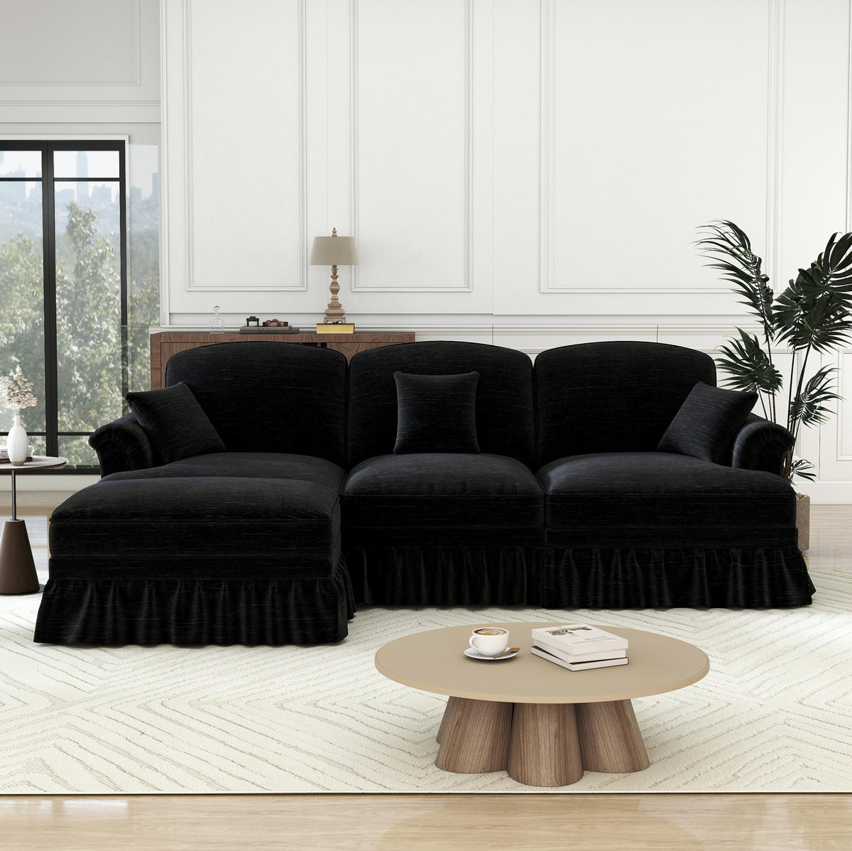 ECKSOFA 272/140/93 cm schwarz aus Chenille mit abnehmbarem Volant und beweglichem Hocker - Schwarz, Textil (140/272cm) - OKWISH