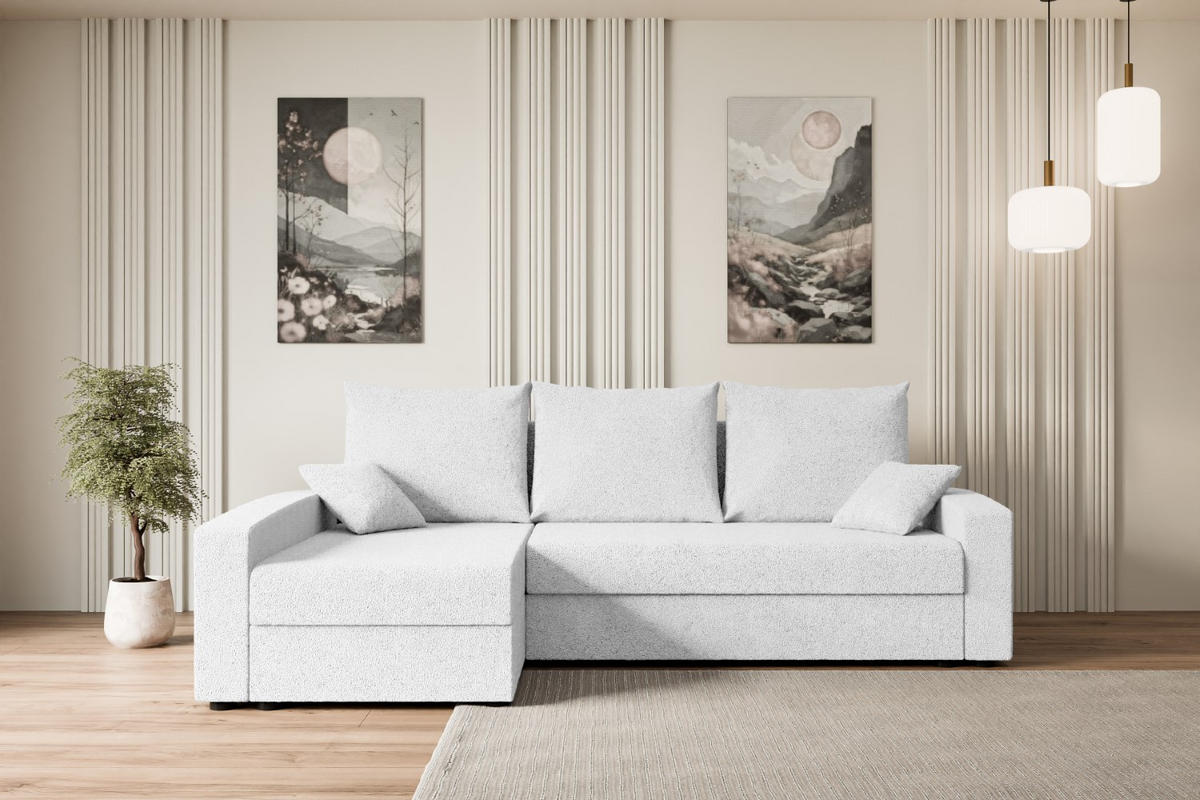 ECKSOFA mit Schlaffunktion und Bettkasten ALESIA-L 231x140x90 cm Weiß Bouclé - Silberfarben/Weiß, Holzwerkstoff/Kunststoff (231/140cm) - ALTDECOR