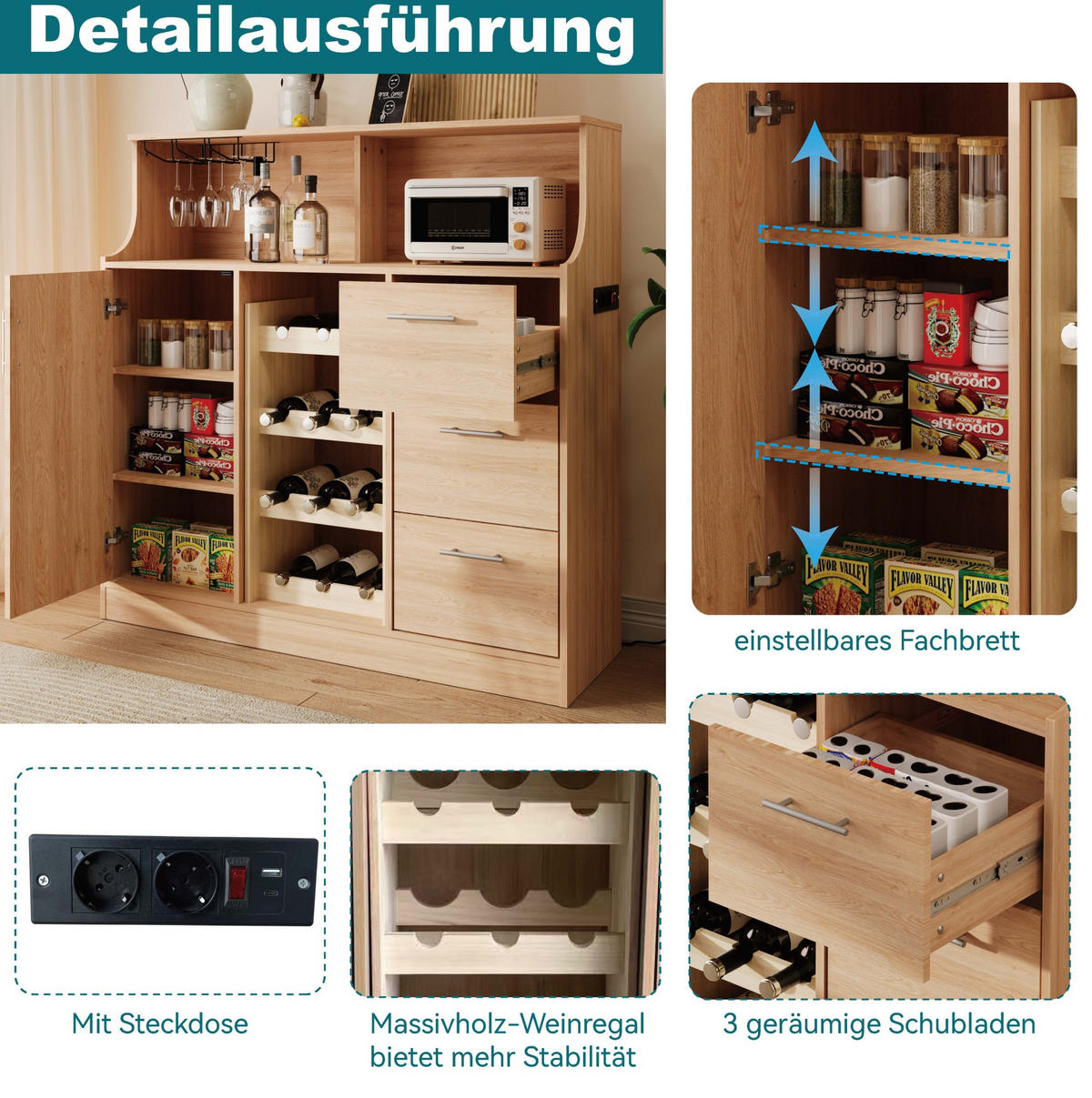 HIGHBOARD 120/40/121 cm mit Weinregal, LED & Steckdose in Natur/Weiß - Weiß, Holzwerkstoff (120/121/40cm) - BEAOK