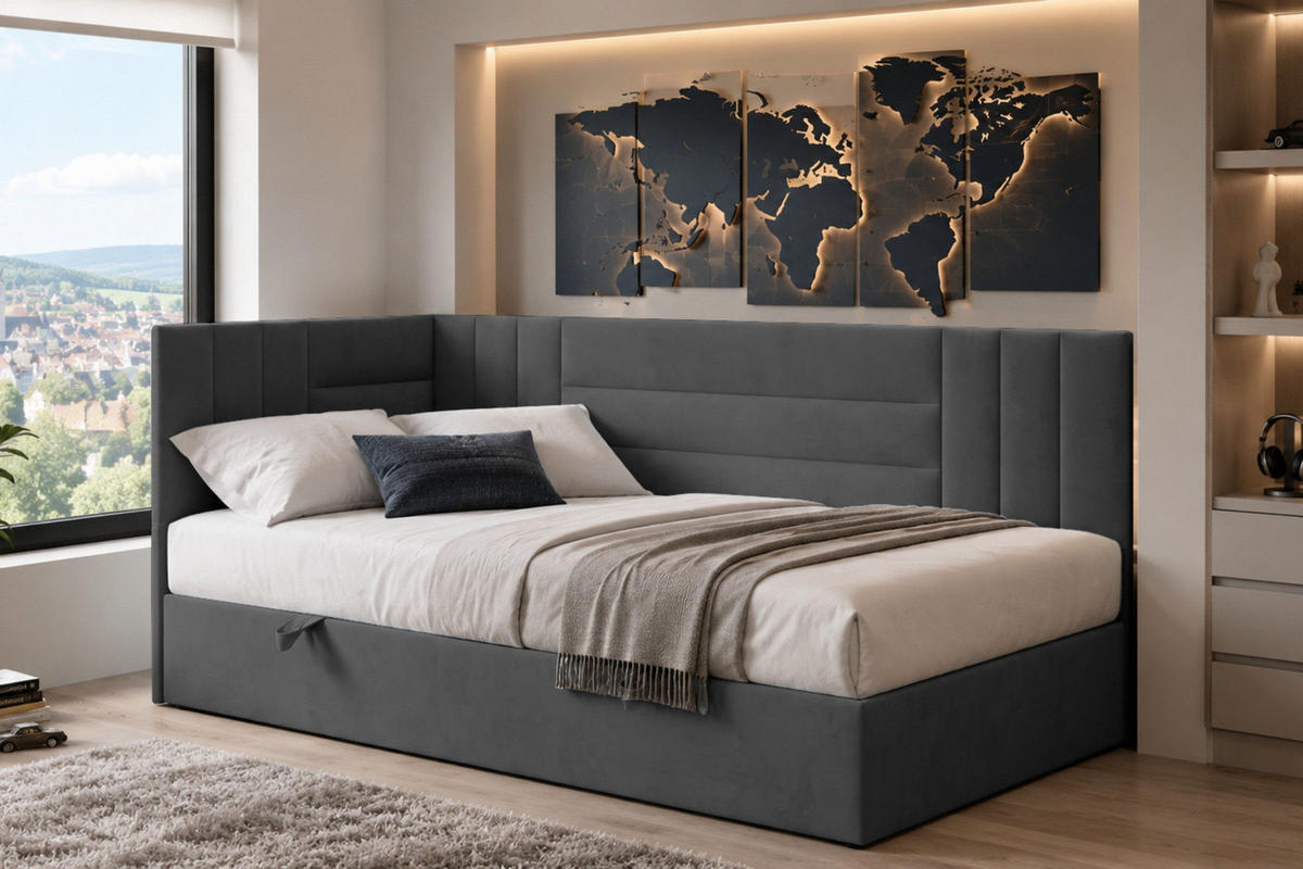 BOXBETT KAYA 100/200 in Velours Anthrazit H3 links - Anthrazit, Holz/Holzwerkstoff (100/200cm) - Deine Möbel 24