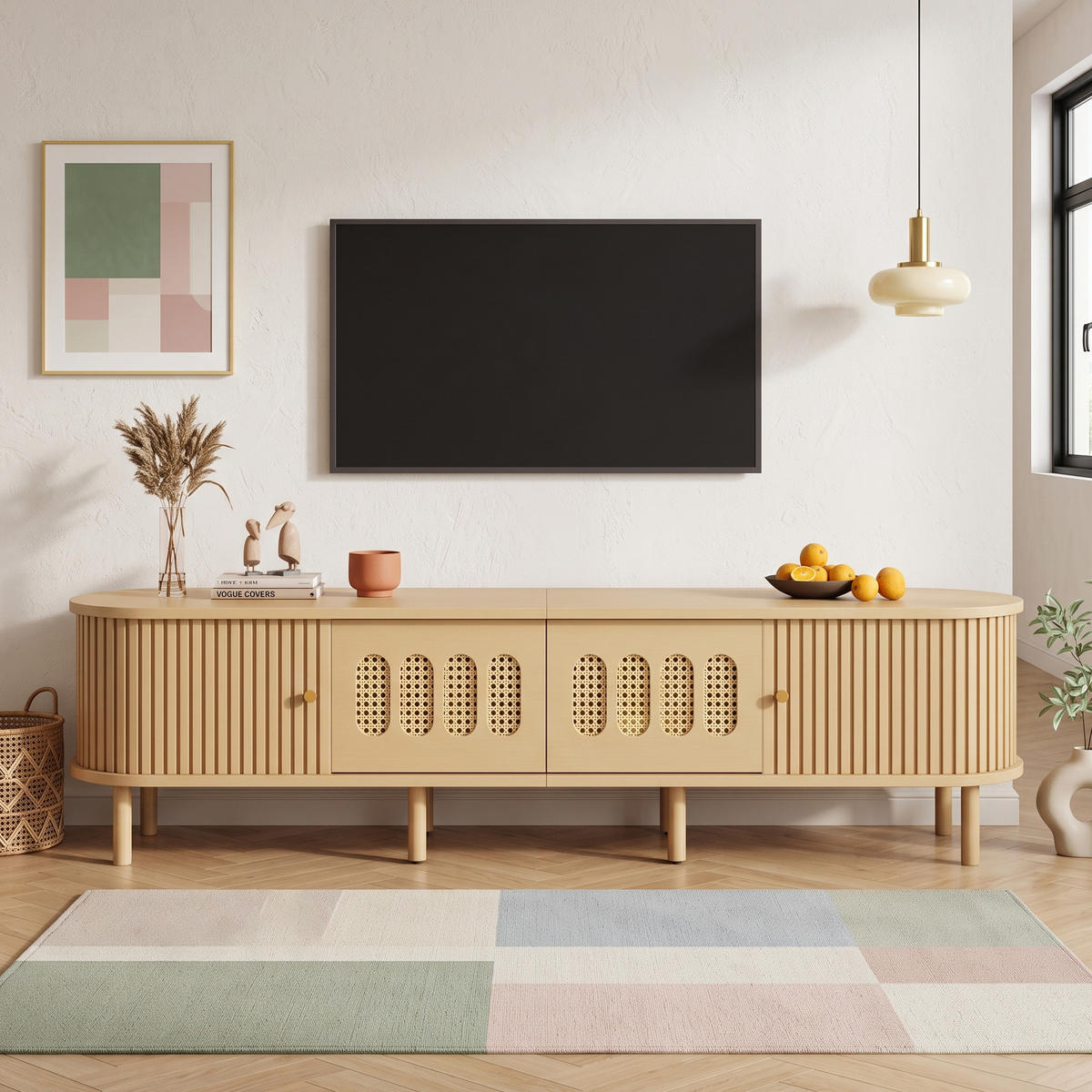 TV-LOWBOARD Naturholz Optik 180cm für 75 Zoll Fernseher mit 4 Waffelmuster Türen - Naturfarben, Holzwerkstoff (180/40/40cm) - Urban Meuble
