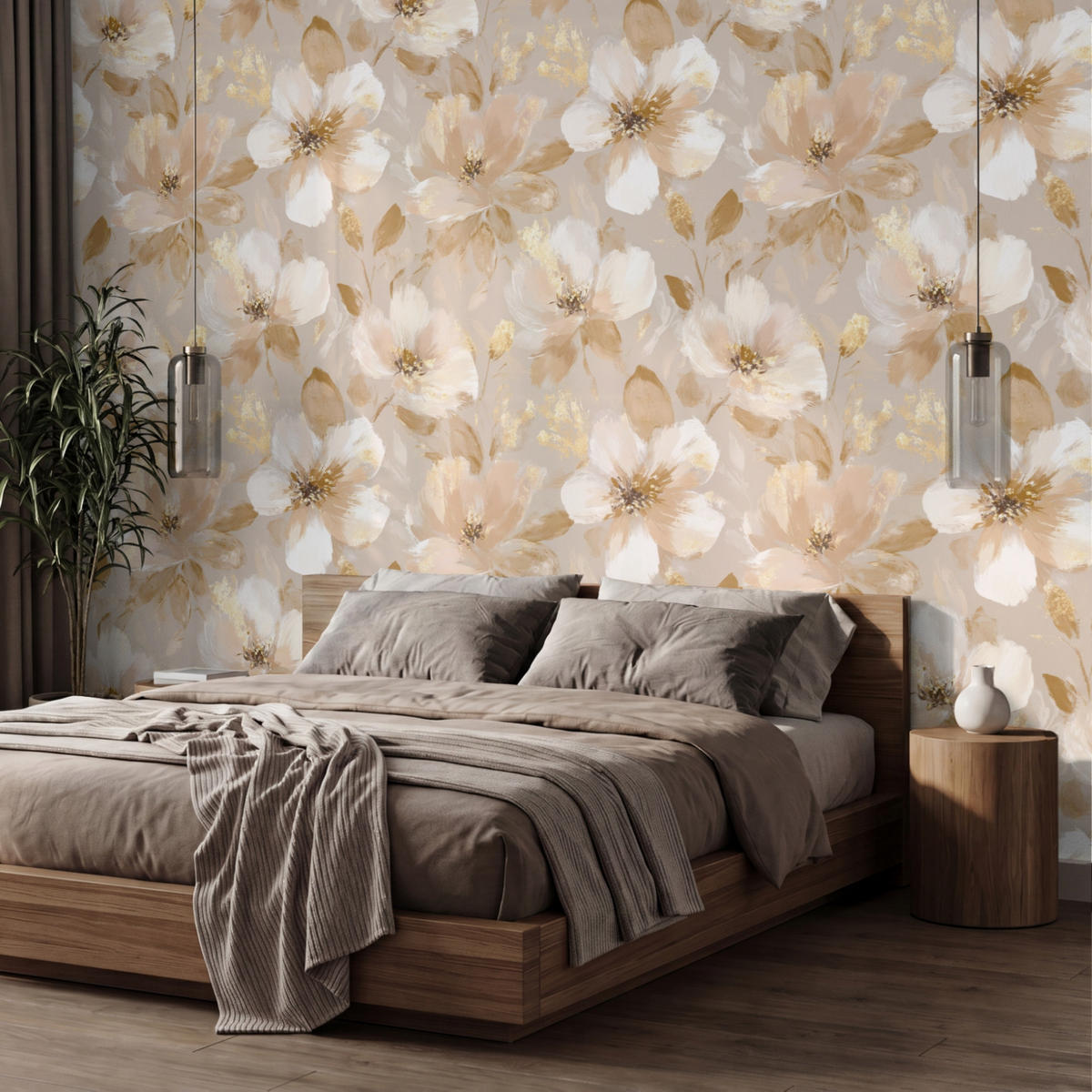 TAPETE - Blumen - künstlerisch - Gold - 350x240 cm - Beige, Papier (350/240cm) - OnlyWow