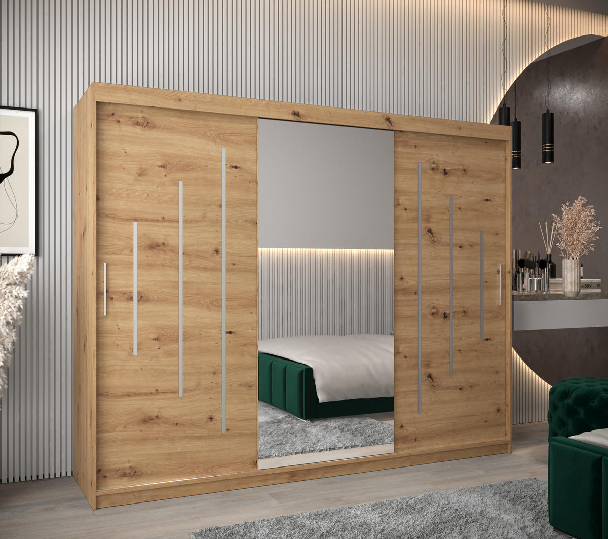 SCHWEBETÜRENSCHRANK 200/250/62 3-türig - Silberfarben/Eiche Artisan, Holz/Kunststoff (250/200/62cm) - Abiks Möbel