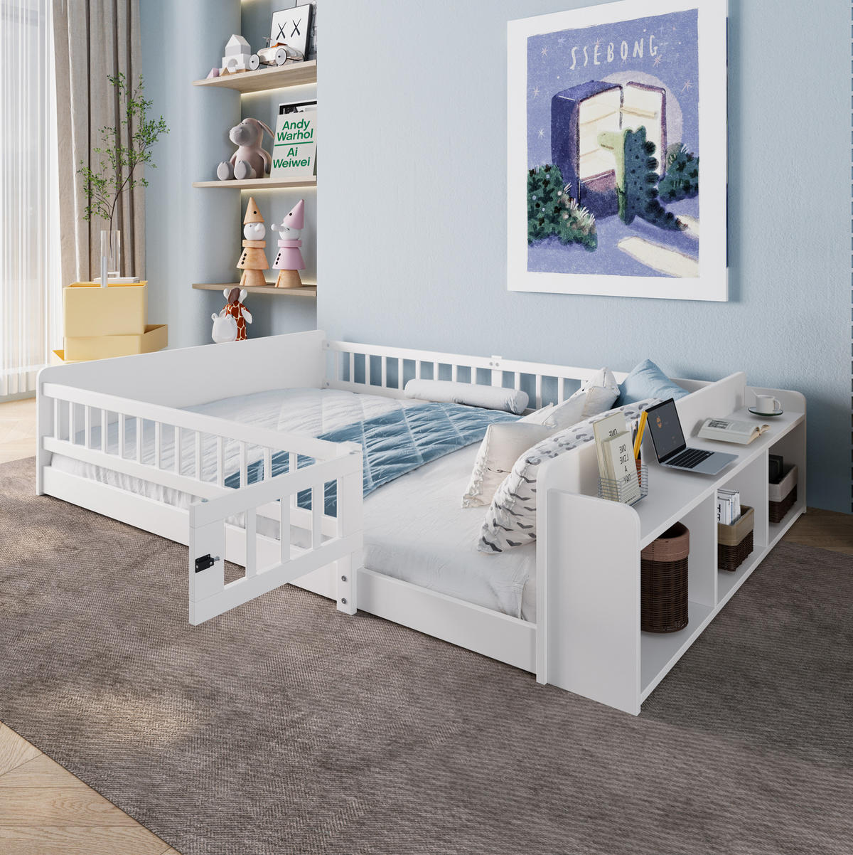 KINDERBETT 140/200 cm mit offenem Stauraum, Regalen und öffnender Zauntür aus Kiefern , Weiß - Weiß, Holzwerkstoff (140/200cm) - Redom