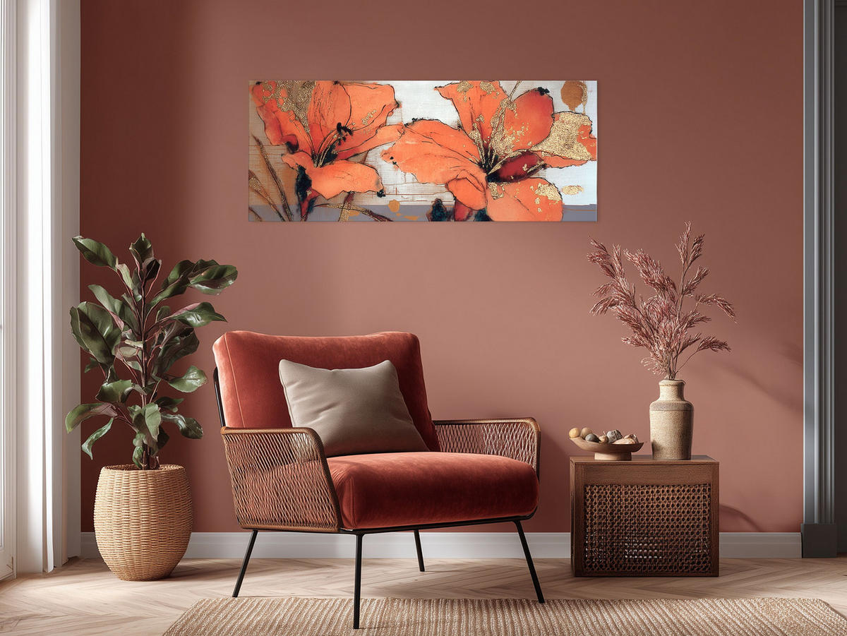 GLASBILD 125x50 cm Blumen orange gold - Beige, Glas (125/50cm) - artissimo