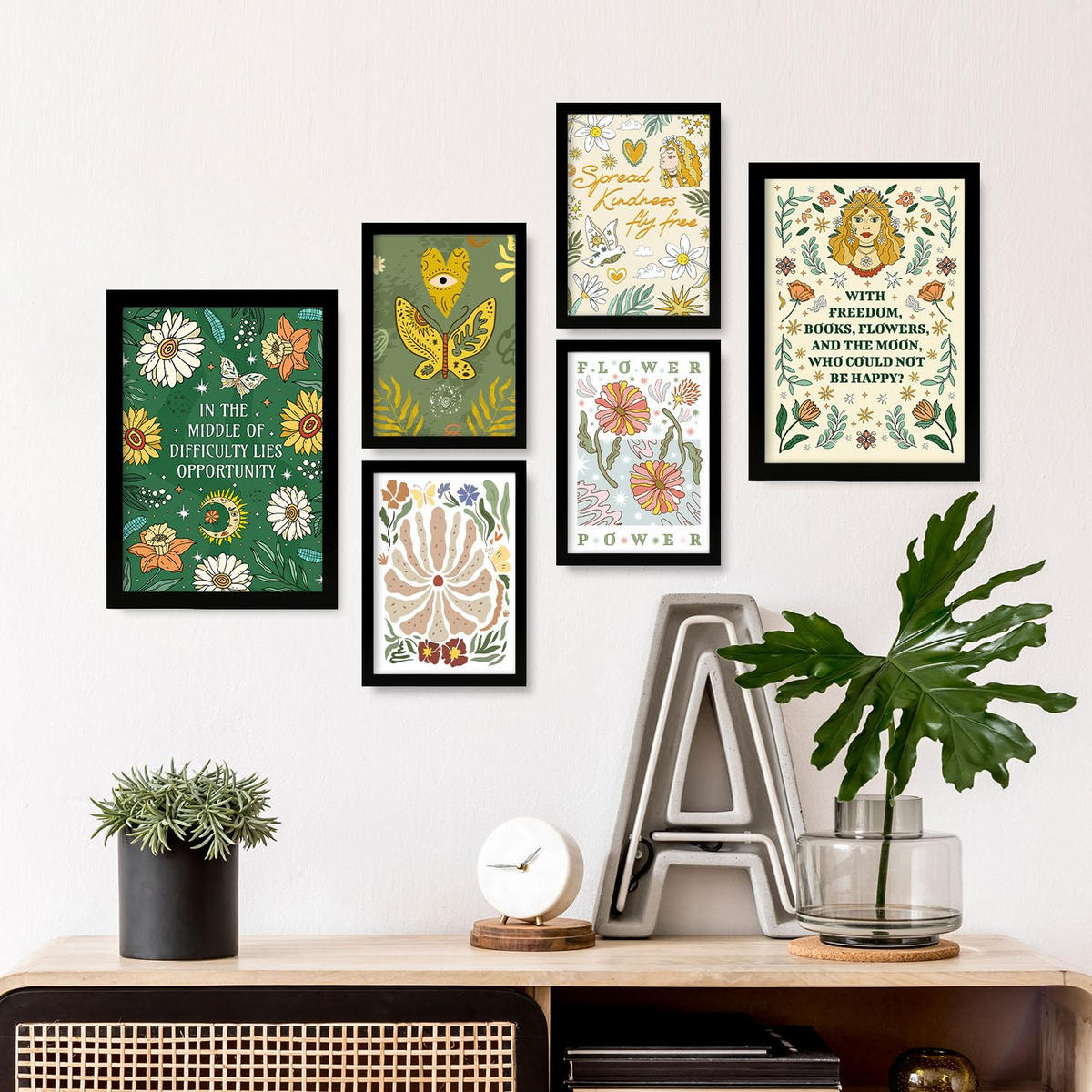 POSTER Set Mit 6 Drucken Mit Freundlichkeit In Der Brillanten Groovy Dekorative Rahmen Für Ihr Zuhause Wandkunstdruck A3 & A4 Schwarzer Rahmen - Schwarz, Papier (29/3cm) - Nacnic