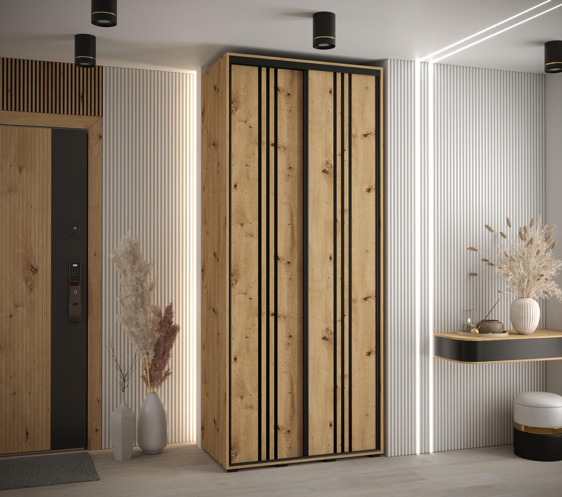 SCHWEBETÜRENSCHRANK 235,2/100/45 2-türig - Schwarz/Eiche Artisan, Holz/Metall (100/235/45cm) - Abiks Möbel