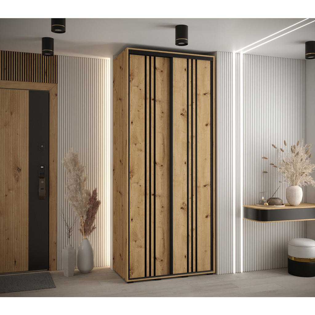 Thumbnail - Abiks Möbel Schwebetürenschrank, Eiche Artisan, Eiche Artisan, Schwarz, Metall, Nachbildung, 6 Fächer, 100x235x60 cm, Sc...