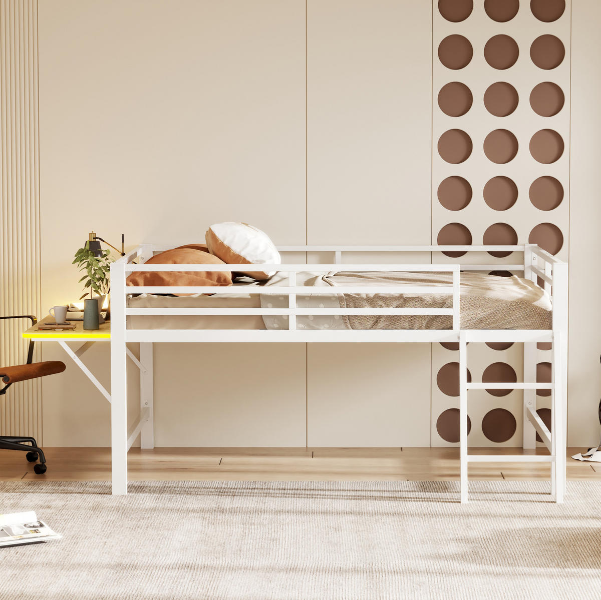 HOCHBETT 140/200 cm mit Leiter, Schutzgeländer, klappbarem Schreibtisch und LED-Beleuchtung, Metall, Weiß - Weiß, Metall (140/200cm) - Redom