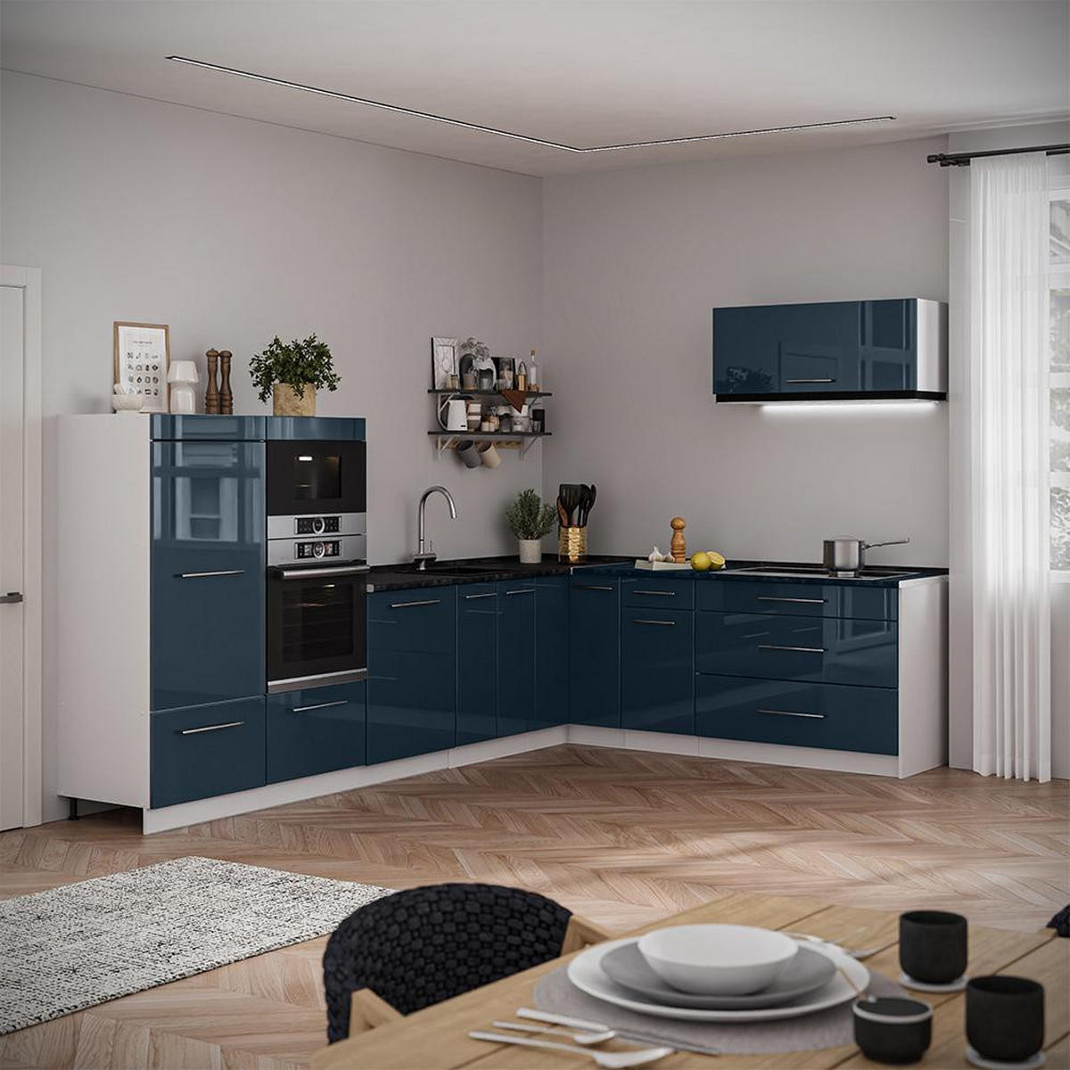 KUHINJA V OBLIKI ČRKE L Fame-Line, Temno modra z visokim sijajem/Bela, 327 x 227 cm, DP Hrast - bela/temno modra, leseni material (327/153.6/60cm) - Vicco
