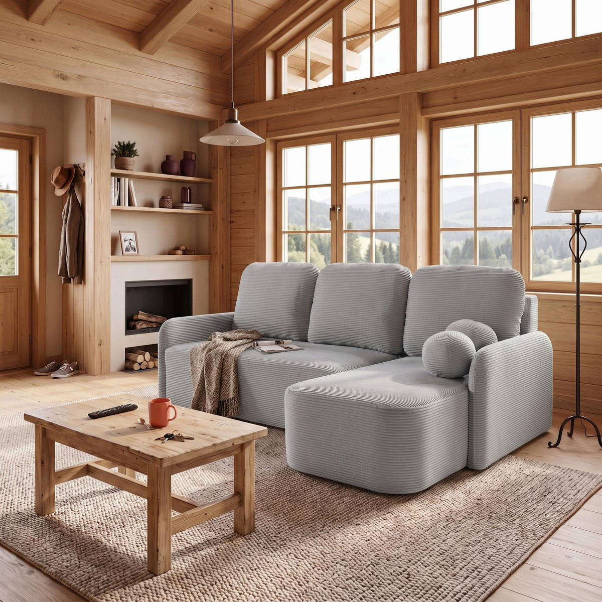 ECKSOFA CASPER L Rechts mit Schlaffunktion 132x198 Cord Grau - Schwarz/Grau, Holz/Kunststoff (145/217cm) - NACANAPA