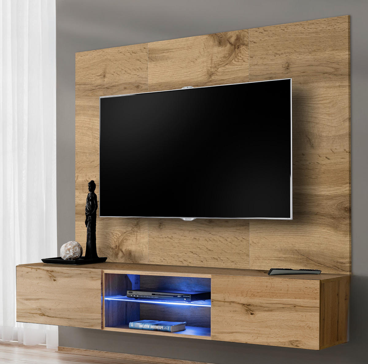 TV-LOWBOARD Eiche Wotan 180 cm hängend, Set inklusive LED-Beleuchtung und Akustikpaneel - Eiche Wotan, Glas/Holzwerkstoff (180/148/40cm) - Inn.Furn