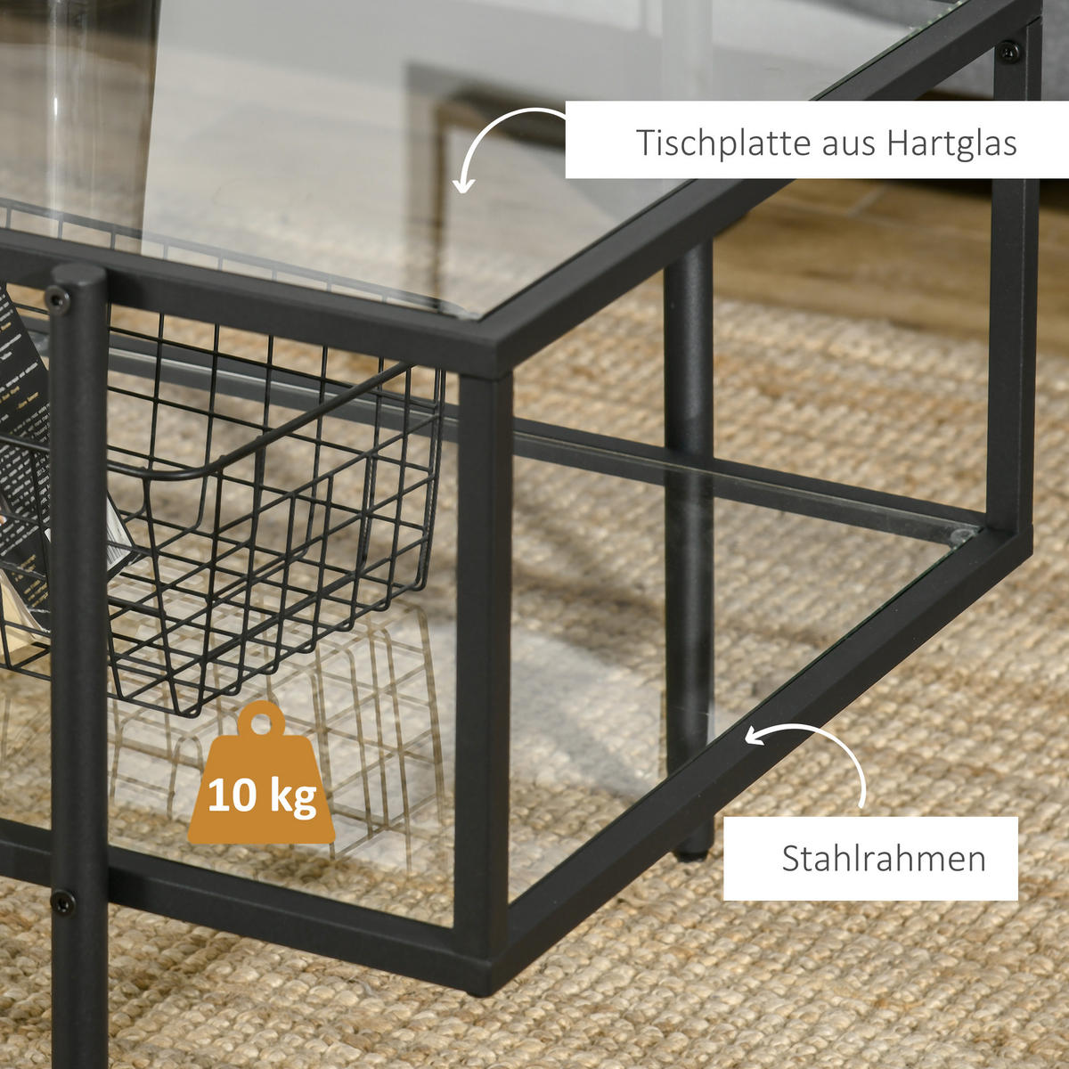 GLAS-COUCHTISCH, Stahl - Transparent, Glas (100/55/45.5cm) - HOMCOM