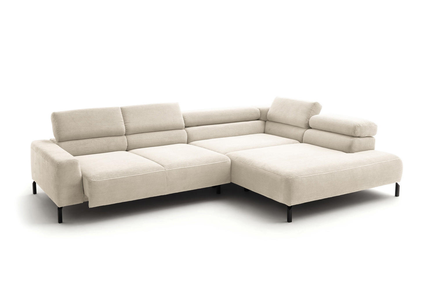 ECKSOFA DELIA Cremeweiß Cord Relaxfunktion - Creme/Schwarz, Textil/Metall (276/219cm) - KAWOLA