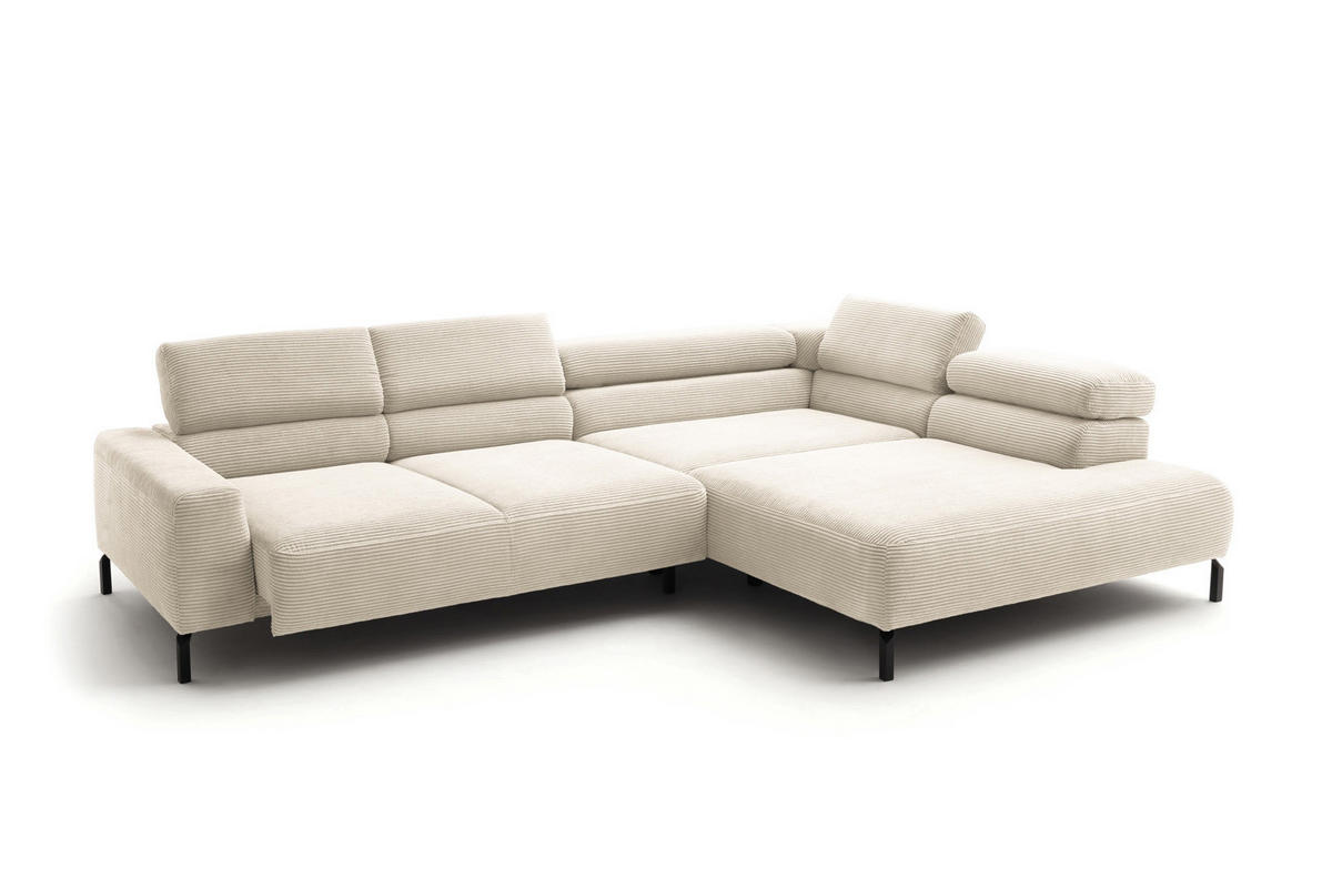ECKSOFA MIT MOTORISCHEM SITZVORZUG DELIA Cremeweiß Cord - Creme/Schwarz, Textil/Metall (312/219cm) - KAWOLA