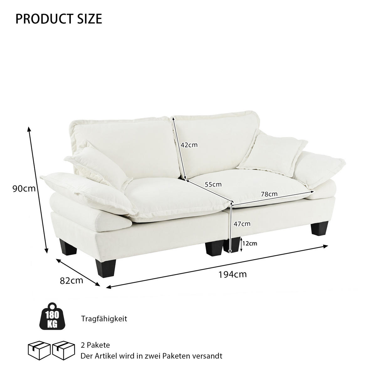 SOFA 2-Sitzer 194 x 82 x 90 cm Chenille Beige - Beige, Holzwerkstoff (82/90/194cm) - Meubliv