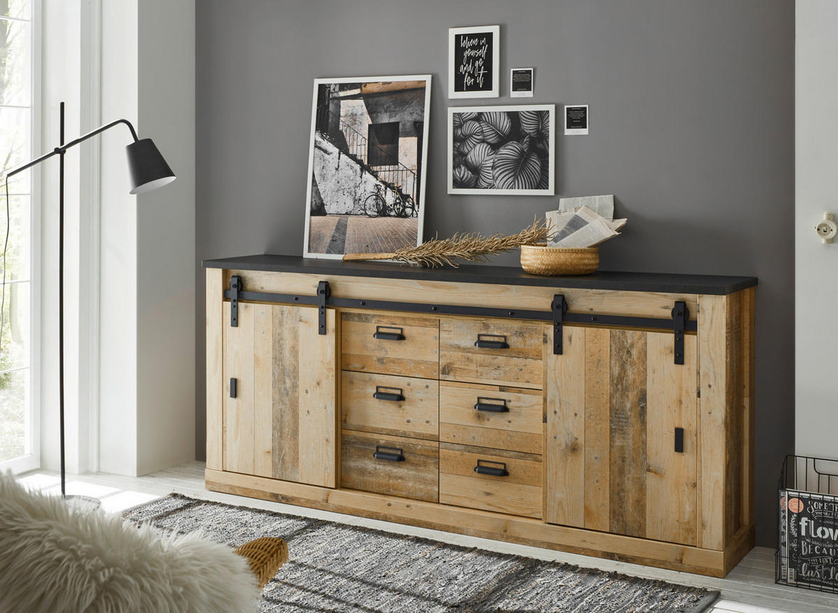 SIDEBOARD Used Wood hell, anthrazit 201 cm, Kommode mit Soft-Close - Anthrazit/Schwarz, Holzwerkstoff/Metall (201/91/43cm) - Furn.Design