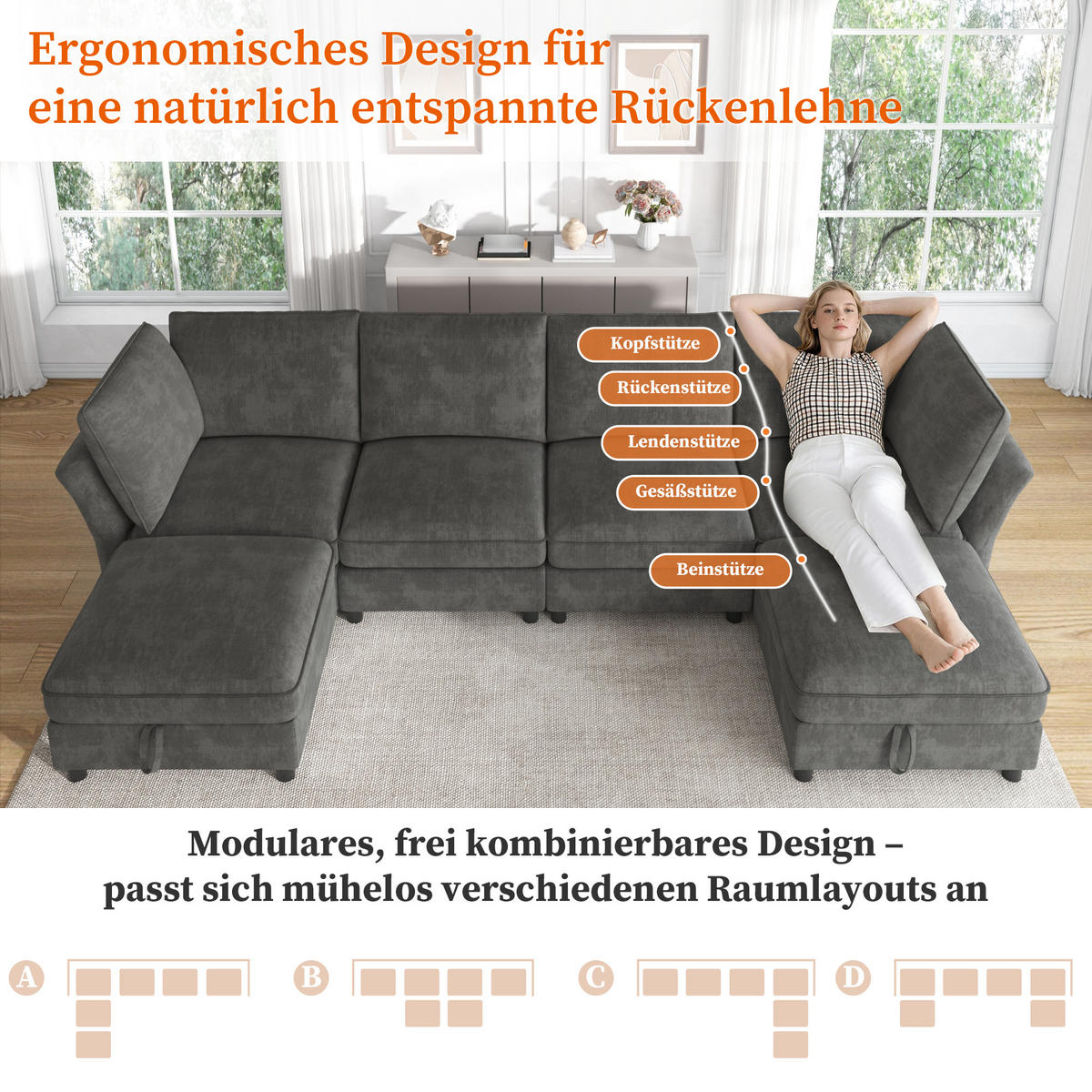 ECKSOFA mit 2 Stauraum-Hockern und Taschenfedern aus Chenille - Grau, Textil (289/137cm) - EVRYAE