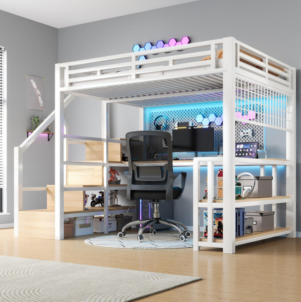 HOCHBETT 140/200 cm mit Schreibtisch, LED-Lichtleiste, USB und Stauraumtreppe aus Metall/MDF, Weiß - Weiß, Metall (140/200cm) - Redom