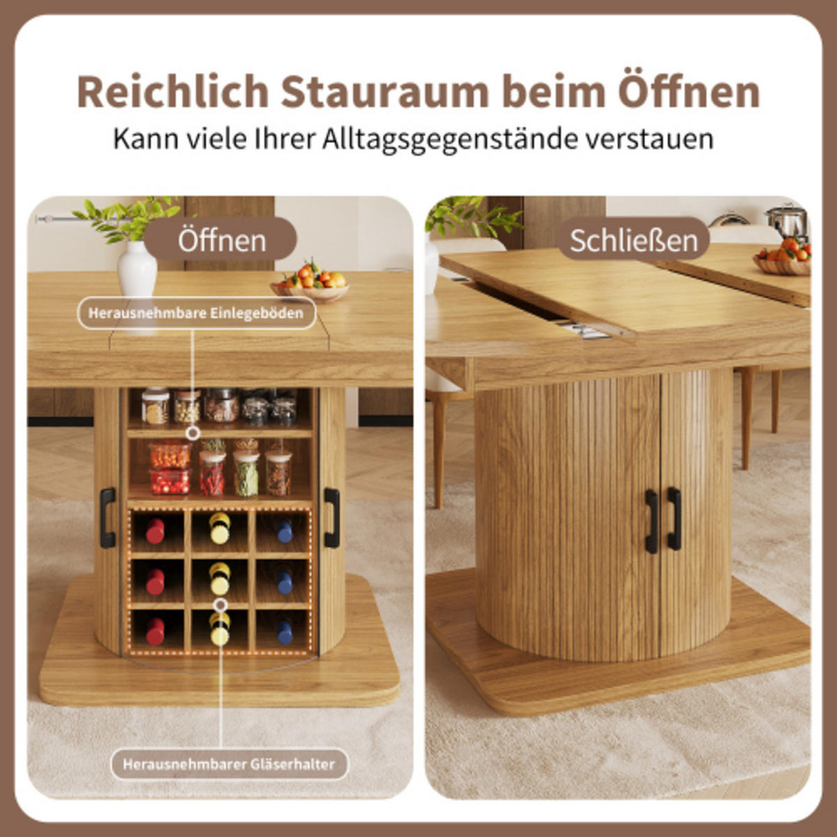 ESSTISCH Ausziehbarer 118-158×118×76 cm aus MDF und Metall mit integriertem Stauraum, naturfarben - Naturfarben, Holzwerkstoff (158/118/76cm) - Luhomfu