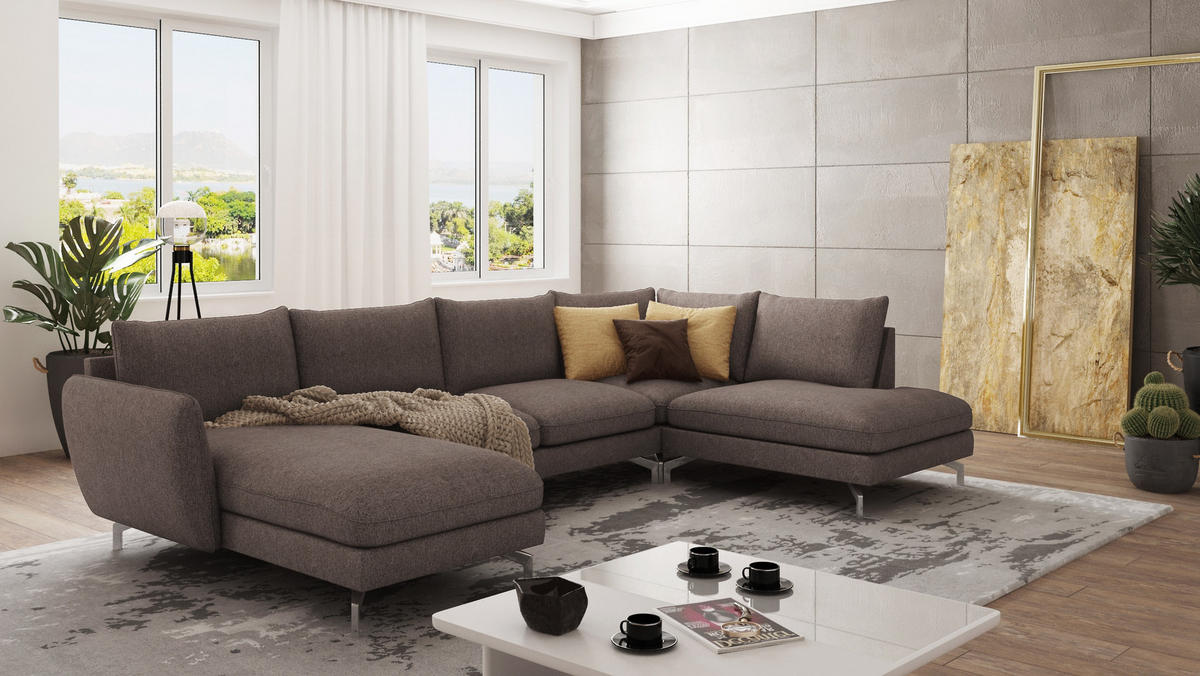 WOHNLANDSCHAFT Elou Khaki Luxusmicrofaser - Chromfarben/Dunkelbraun, Textil/Metall (336/87/200cm) - S-Style Möbel