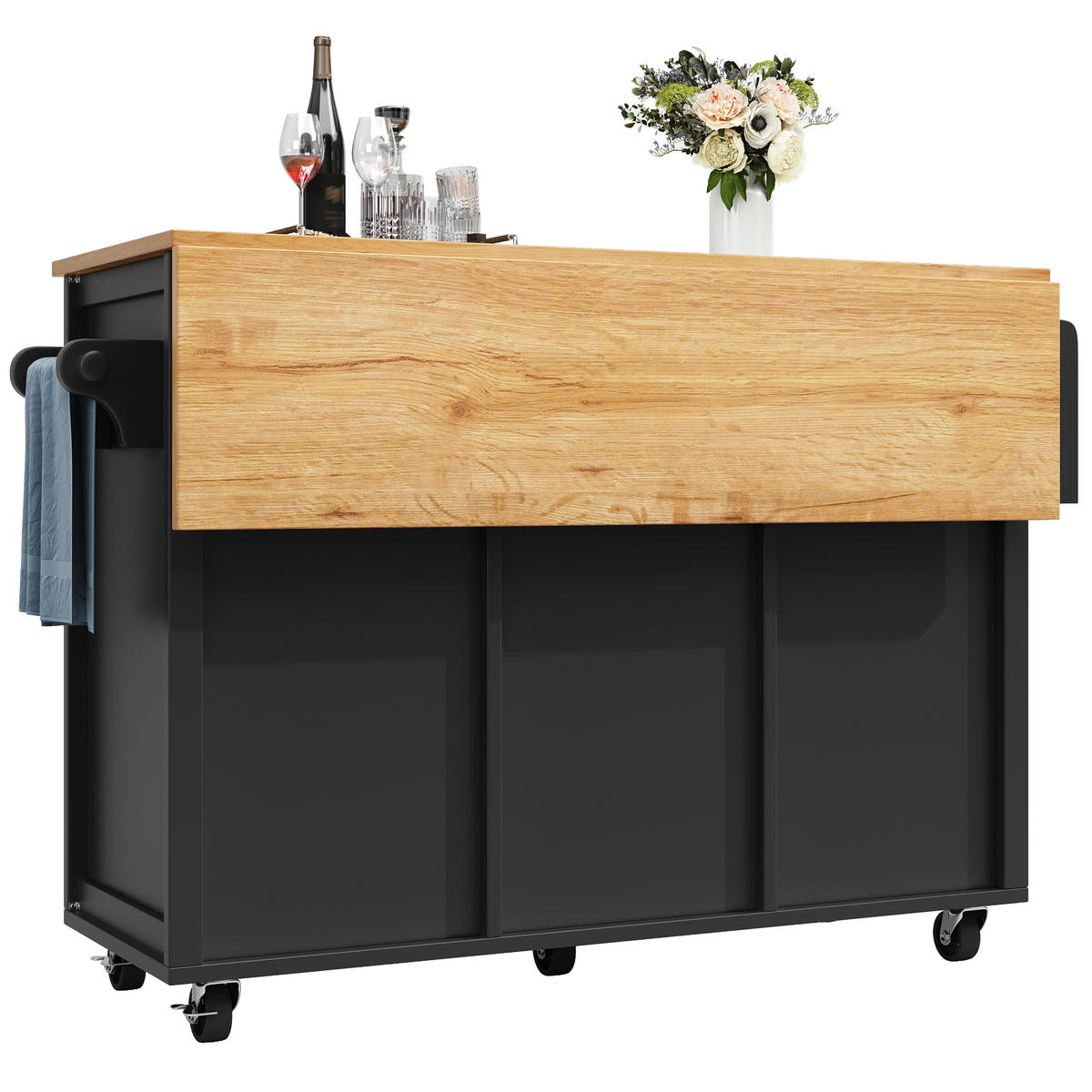 KÜCHENINSEL 120x73x92cm Klappbar Weinregal Rollen Schwarz - Schwarz, Metall (137.9/92.5/73cm) - FLIEKS