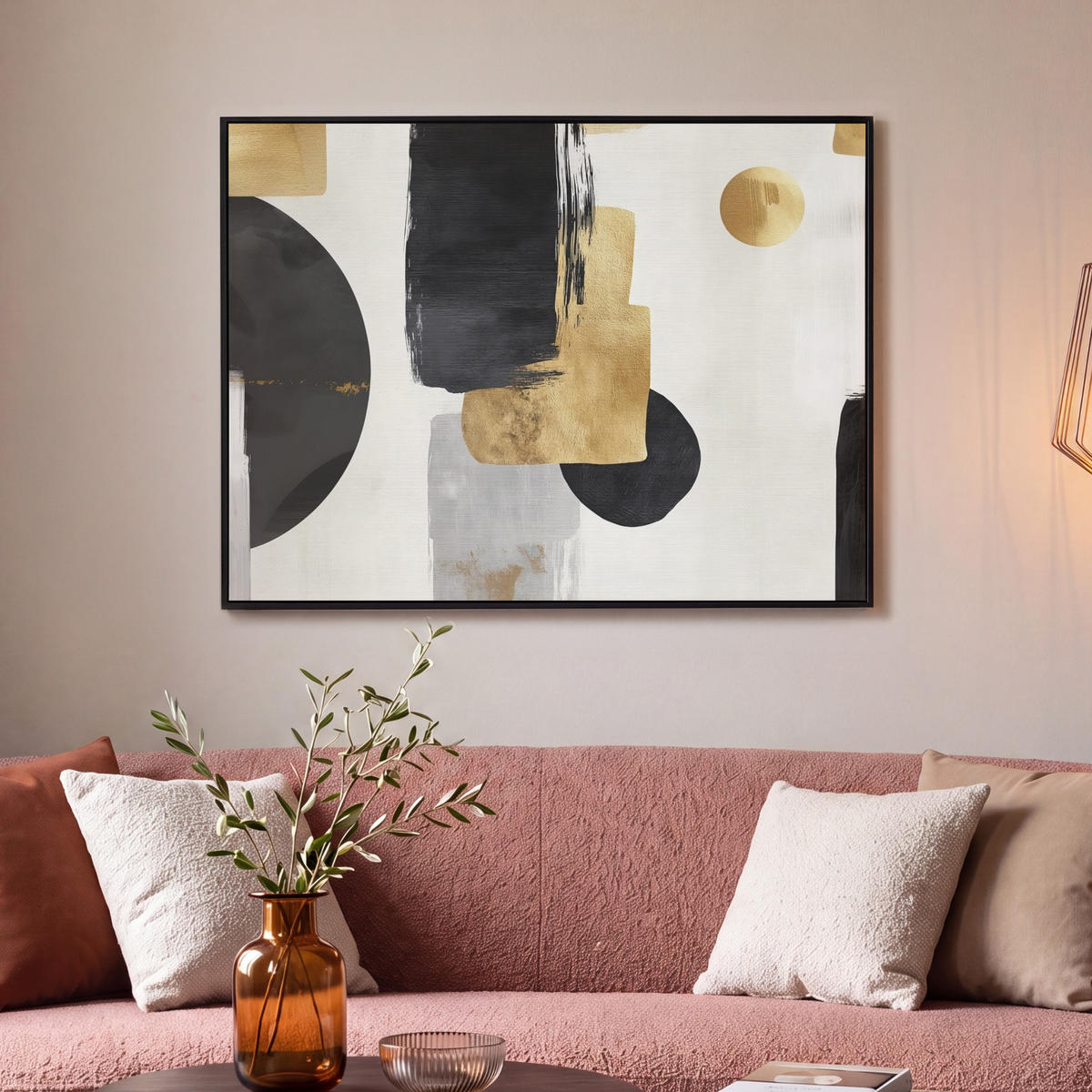 LEINWAND Bilder mit Rahmen - Gold - Rechtecke - Kreise - Abstrakt - 100x70 - Weiß, Textil (100/70cm) - MuchoWow