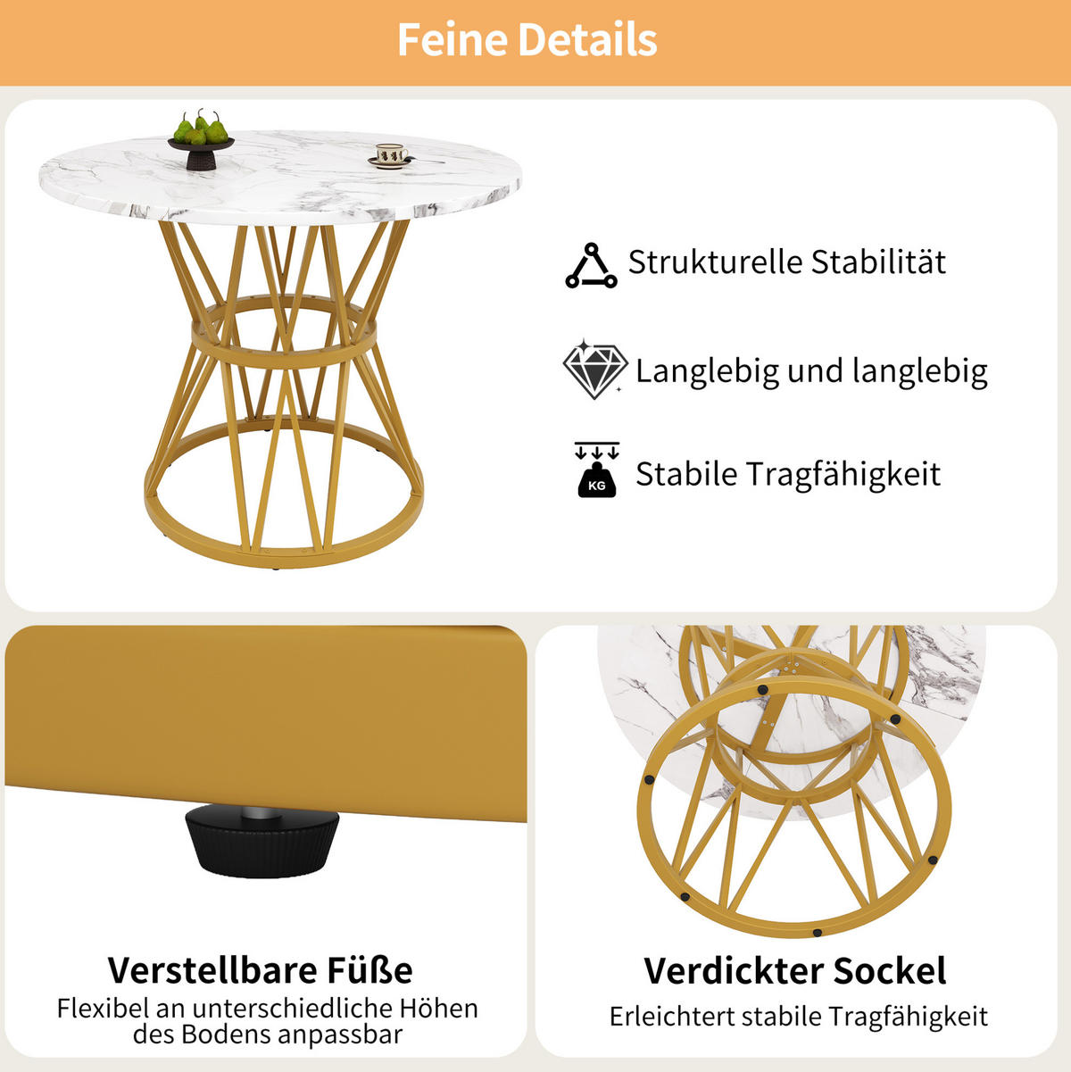 ESSTISCH, MDF mit Marmoroptik & Metallgestell, 100/100/76 cm, Gold - Goldfarben, Holzwerkstoff (100/100/76cm) - Redom