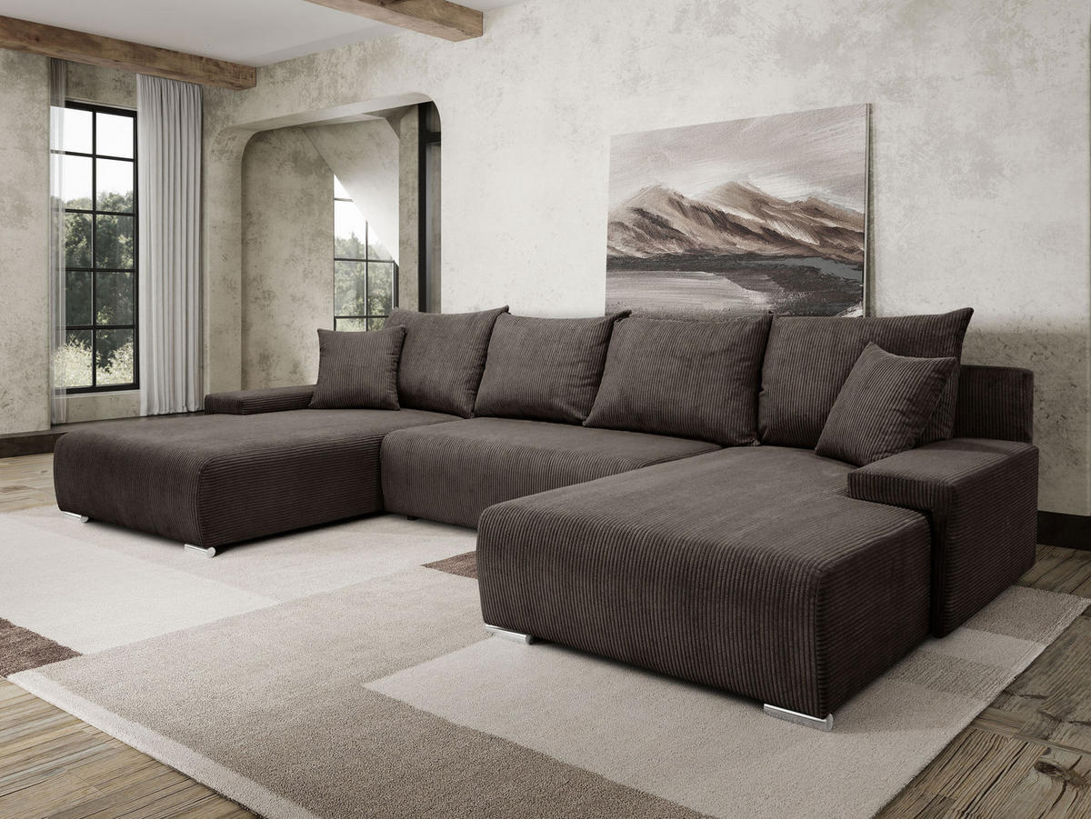 WOHNLANDSCHAFT Lauren in U-Form 348 x 188 cm, 5 Sitzer, Bettzeugablage, Big Sofa, Eckcouch, Cord, braun - Braun, Kunststoff (348/93/188cm) - Margaret Hadas24