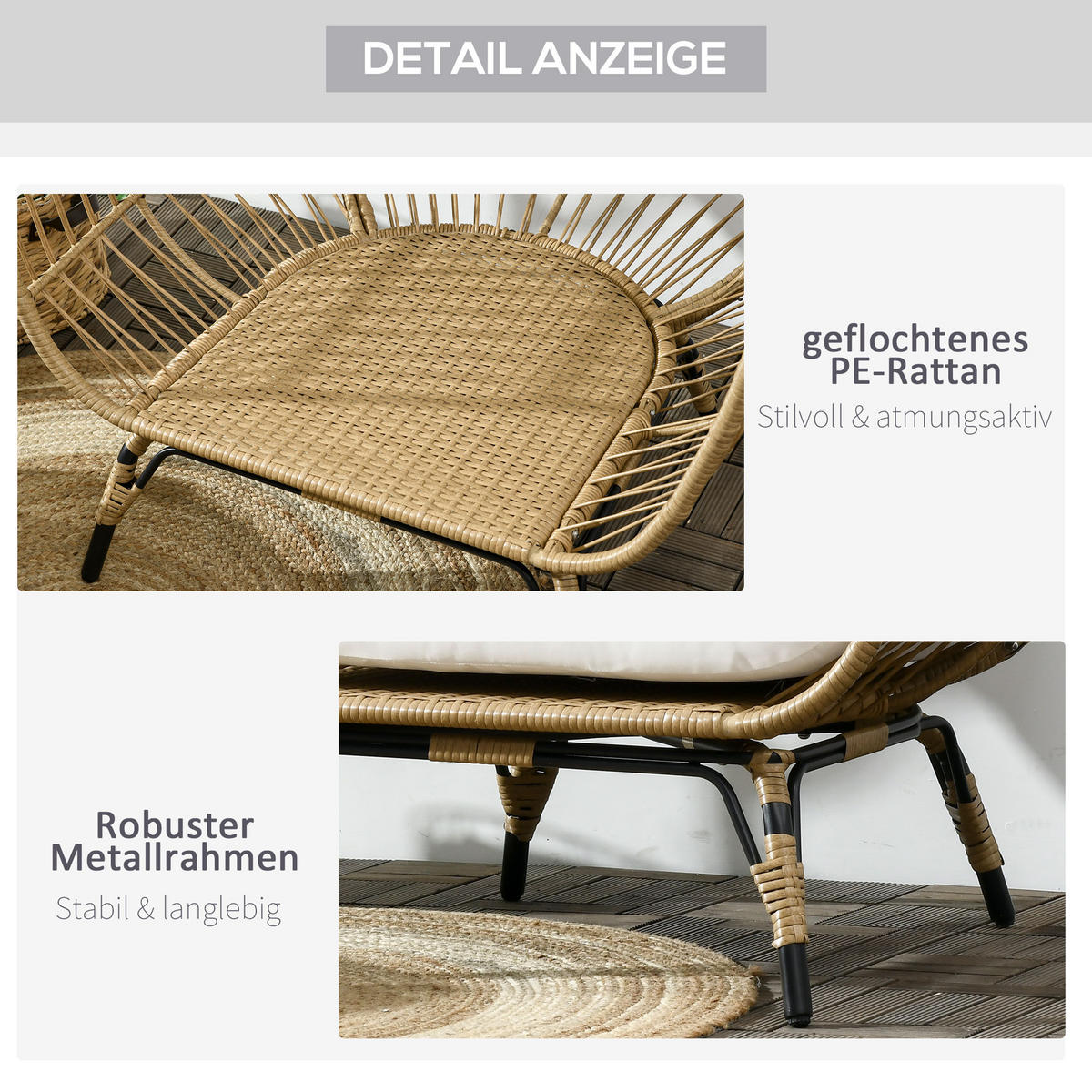 RATTANSESSEL in Korbform, für Balkon, Terrasse, Metall, Khaki, 105 x 90 x 148 cm - Beige, Kunststoff (90/148/105cm) - Outsunny