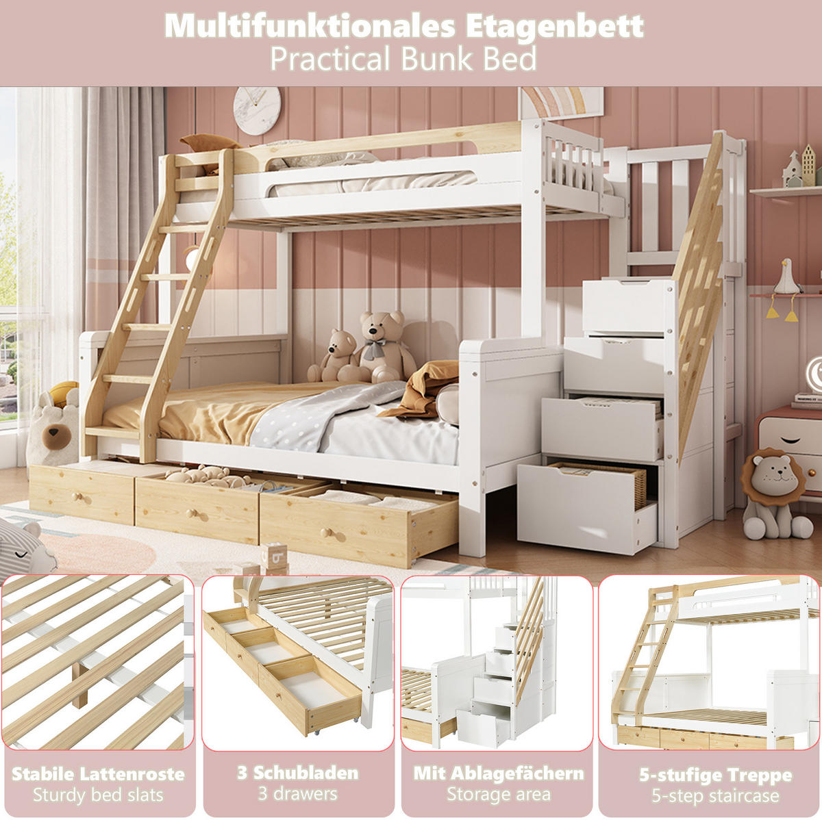ETAGENBETT aus Massivholz 90x200/140x200 cm Weiß Natur mit Stauraumtreppe, Leiter und 3 Bettkästen - Weiß, Holz (90/200cm) - Modfu