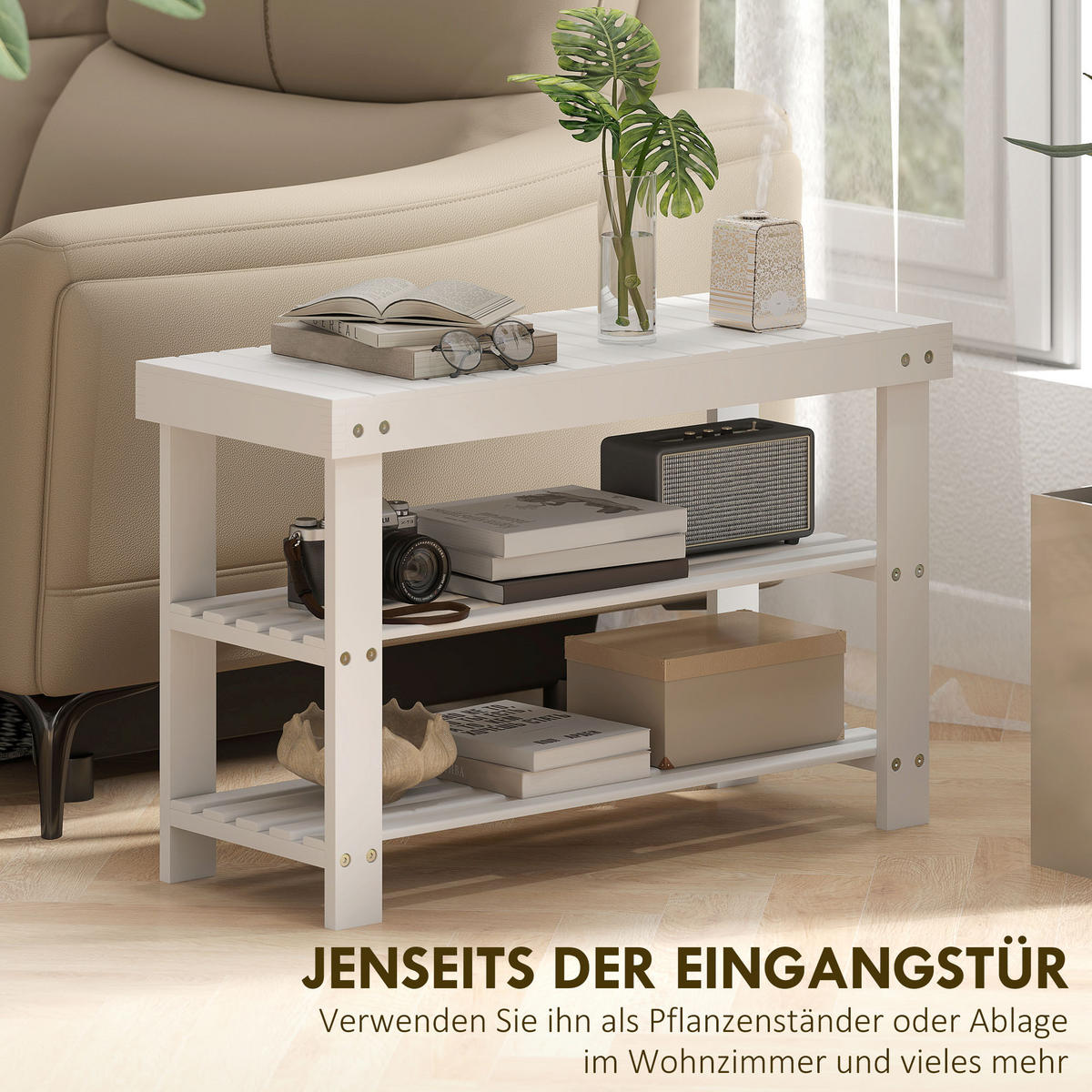 SCHUHBANK aus Bambus mit 2 Ablagen, Sitzbank mit Stauraum 70x28x45 cm, Weiß - Weiß, Naturmaterialien (28/45/70cm) - HOMCOM