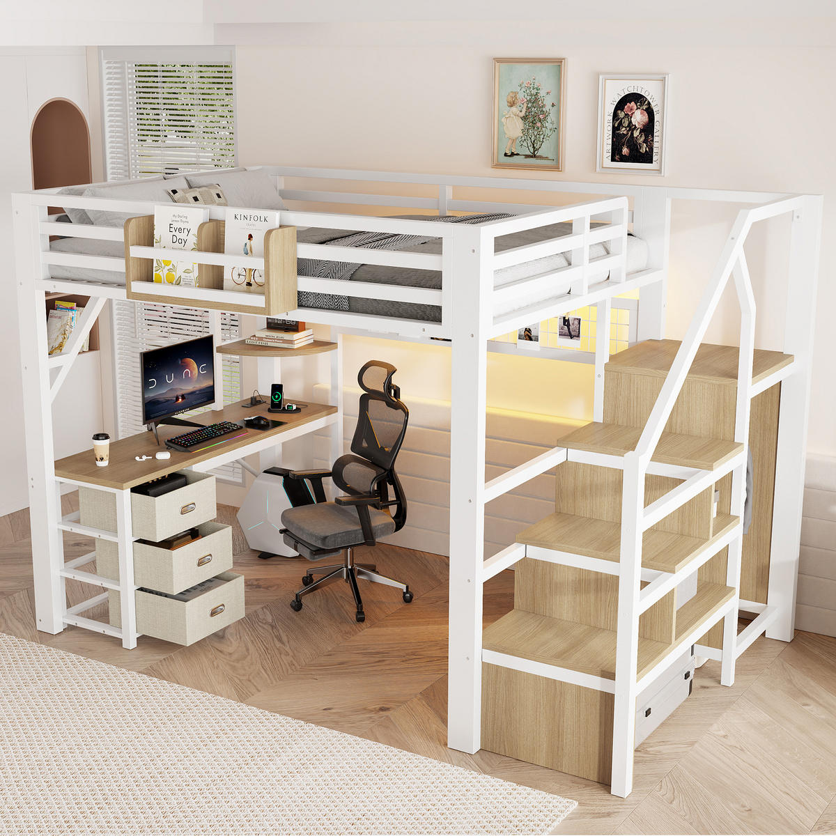 HOCHBETT 140/200 cm in Weiß mit Schreibtisch, 3 Schubladen, Stauraum und Kleiderschrank aus MDF und Metall - Weiß, Holzwerkstoff/Metall (140/200cm) - STILVORA