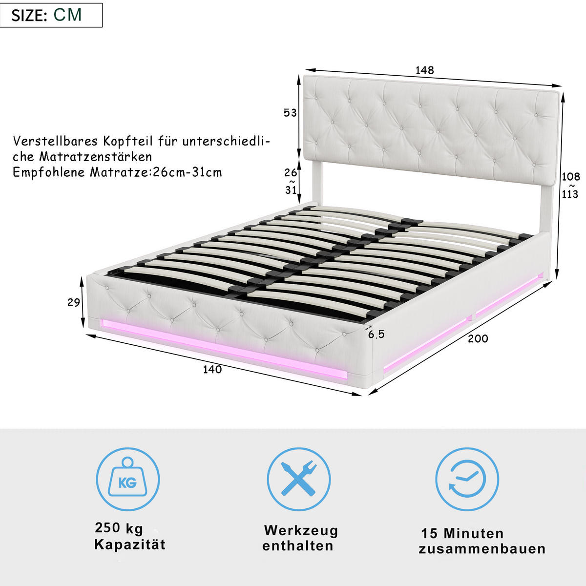 POLSTERBETT 140x200 cm, Weiß, LED-Beleuchtung, höhenverstellbarem Kopfteil - Weiß, Textil/Metall (140/200cm)