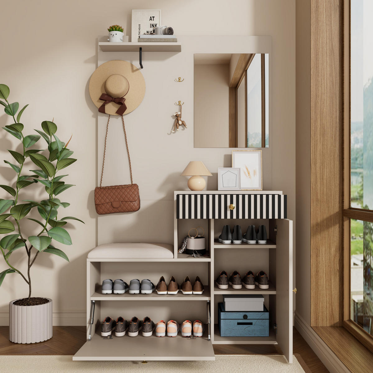 GARDEROBE 110x185x37 cm Spiegel Polster - Beige, Holz (110/185.5/37cm) - LEBENLANG