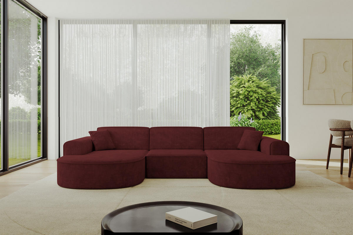 WOHNLANDSCHAFT MARI-U1 - 303x171x79 cm Bordeaux Velours - Bordeaux/Schwarz, Holzwerkstoff/Kunststoff (303/79/171cm) - ALTDECOR