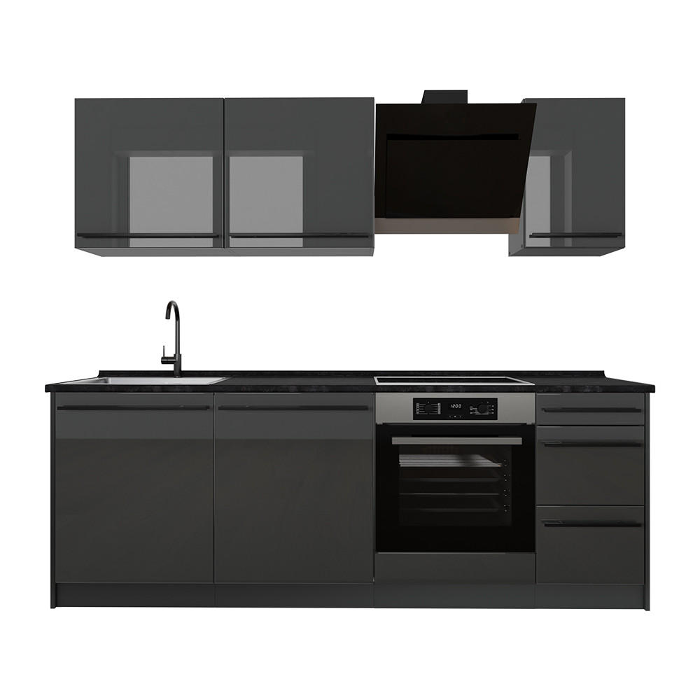 Vicco Küchenzeile Schwarz Hochglanz, Anthrazit 220x81.6x46 cm