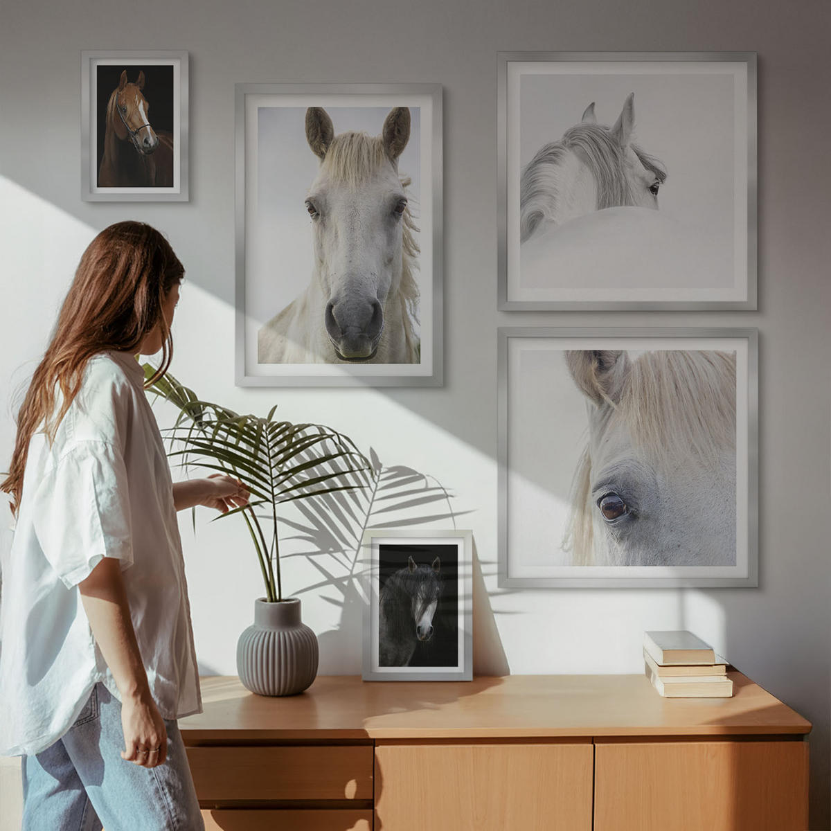 WANDBILDER 5er Set - 50x50 cm & 20x30 cm & 40x60 cm Silberner Rahmen - Pferdeporträts in Schattierungen - Silberfarben, Kunststoff (40/60cm) - ArtPrintCave