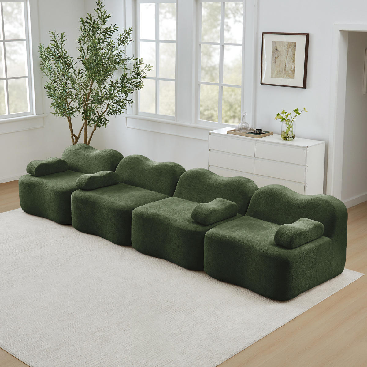 4-MIESTNA pohovka z zamatu 4-miestna 384x98x70 cm zelená s hlbokým sedením, bez rámu, flexibilné usporiadanie - zelená, textil (384/70/98cm) - Modfu