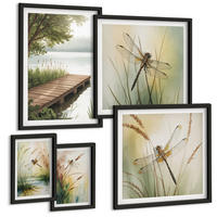BILDER SET 5er Set - 50x50 cm & 20x30 cm & 40x60 cm Schwarzer Rahmen - Libellengräser über dem Wasser - Schwarz, Kunststoff (40/60cm) - TULUP