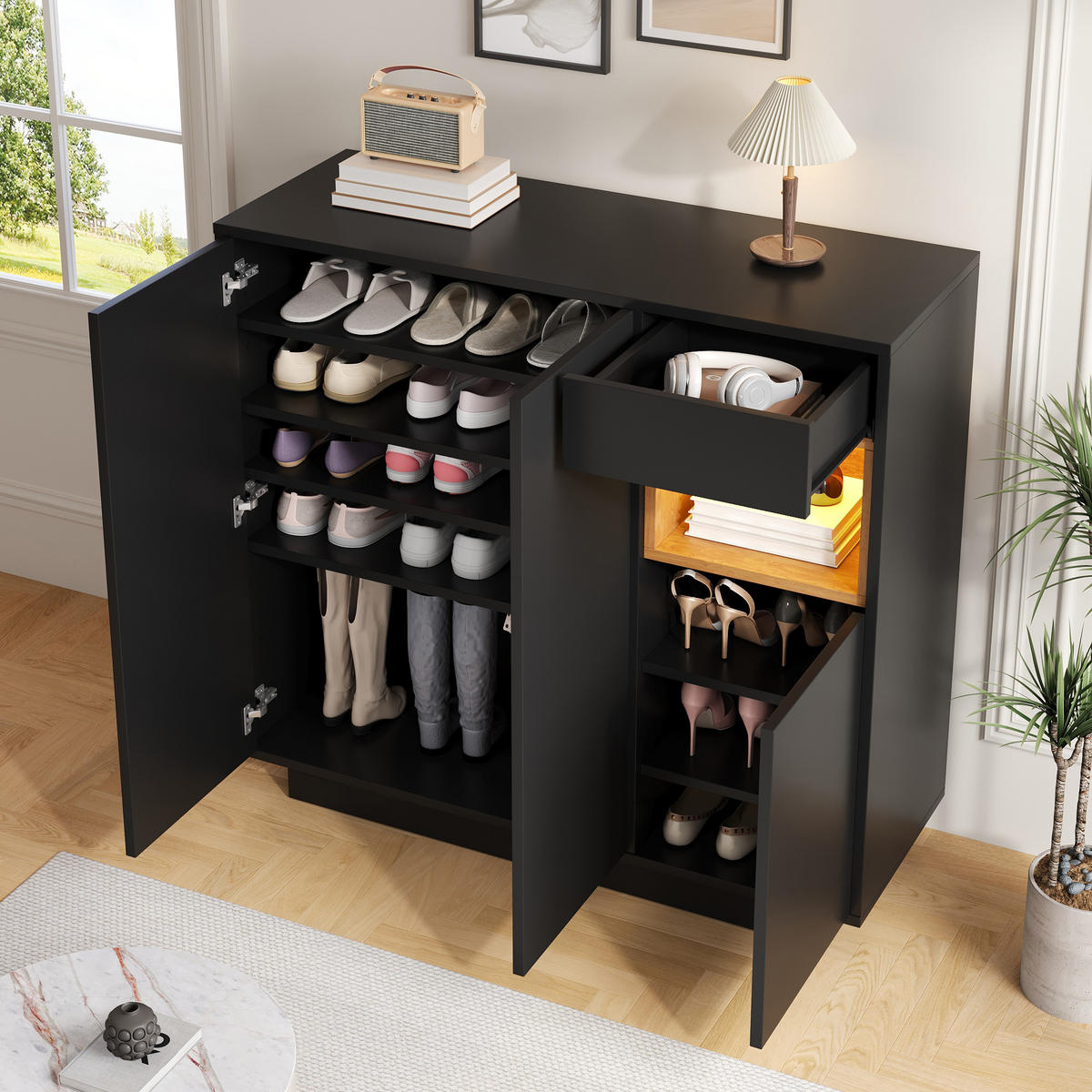 SCHUHSCHRANK mit LED-Beleuchtung und verstellbaren Einlegeböden mit Schublade Schwarz Holz - Schwarz/Naturfarben, Holzwerkstoff/Metall (105/100.5/39.5cm) - EVRYAE