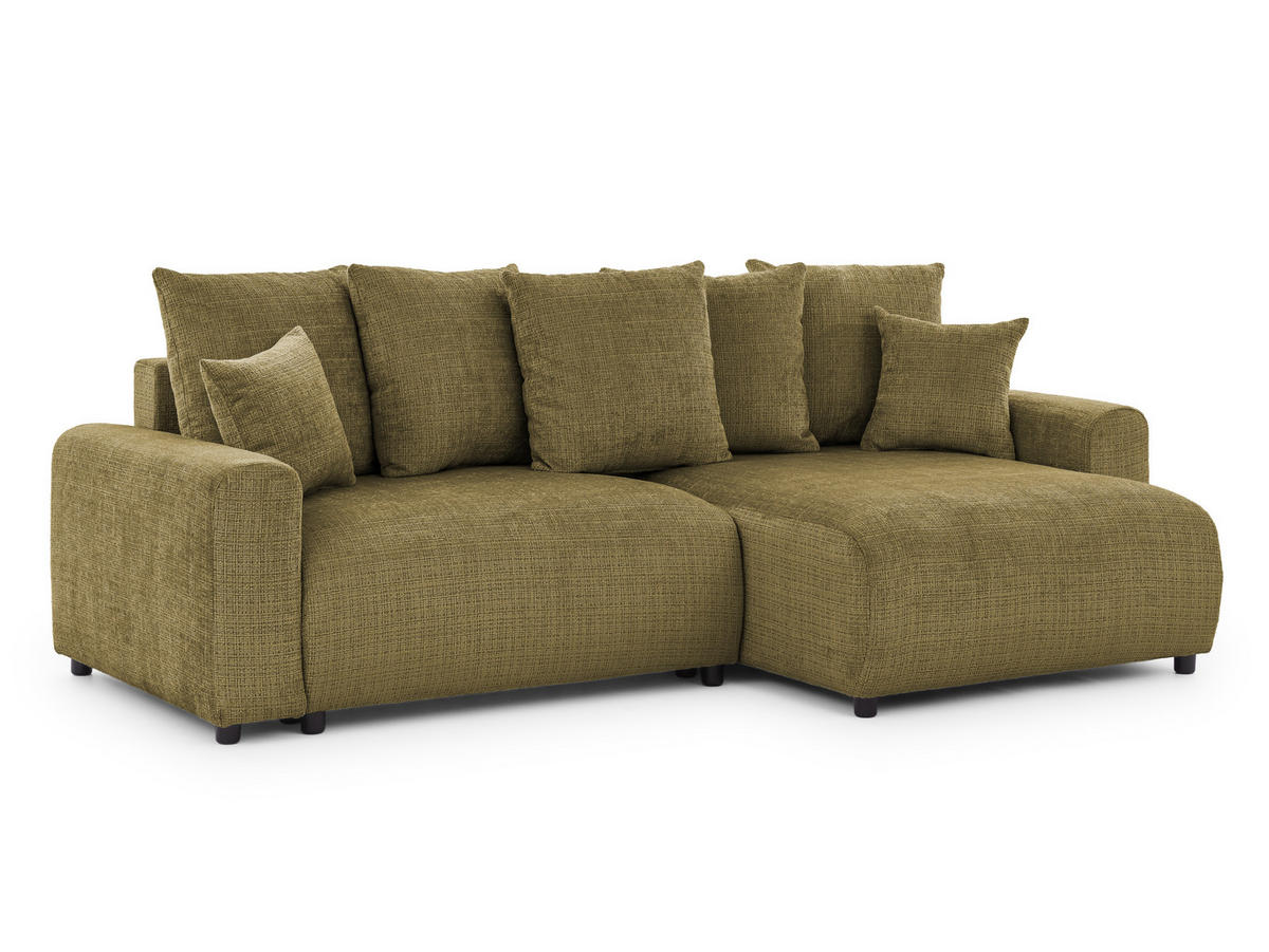 ECKSOFA Calma mit Schlaffunktion und Bettkasten im Bumpy-Design aus weichem Grün Chenille-Stoff - Ottomane rechts - Beige/Schwarz, Holz/Kunststoff (239/140cm) - S-Style Möbel