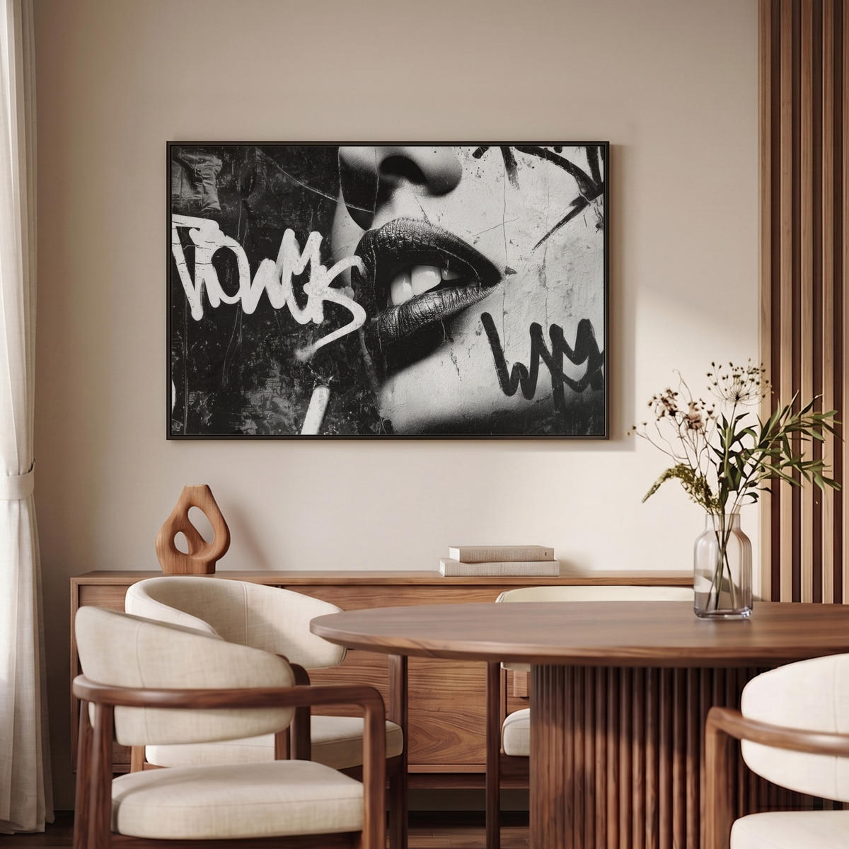 LEINWAND Bilder mit Rahmen - Gesicht - Mund - Graffiti - Schwarz - 90x60 - Schwarz, Textil (90/60cm) - MuchoWow